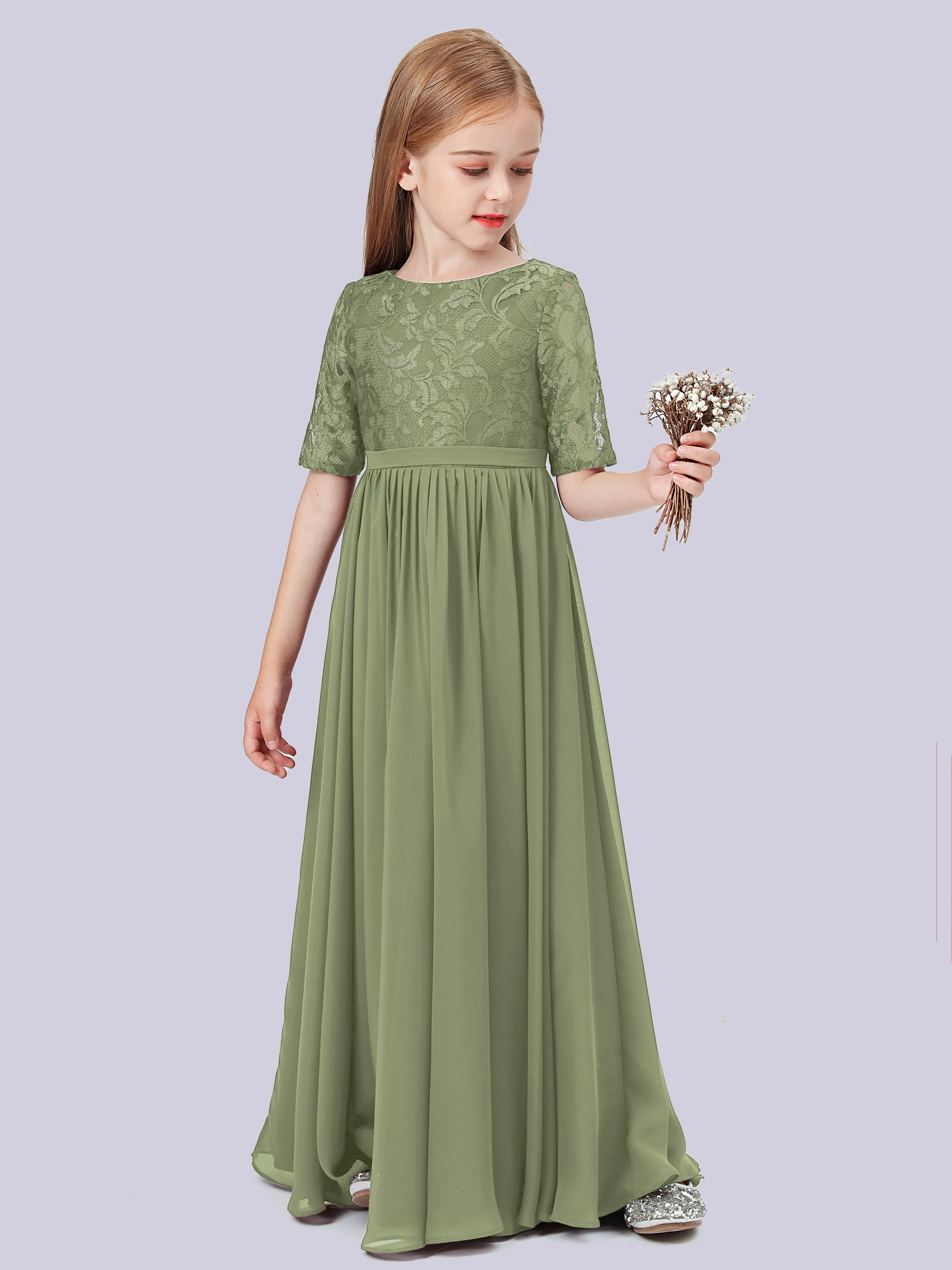 Half Sleeves Lace Junior Bridesmaid Dress