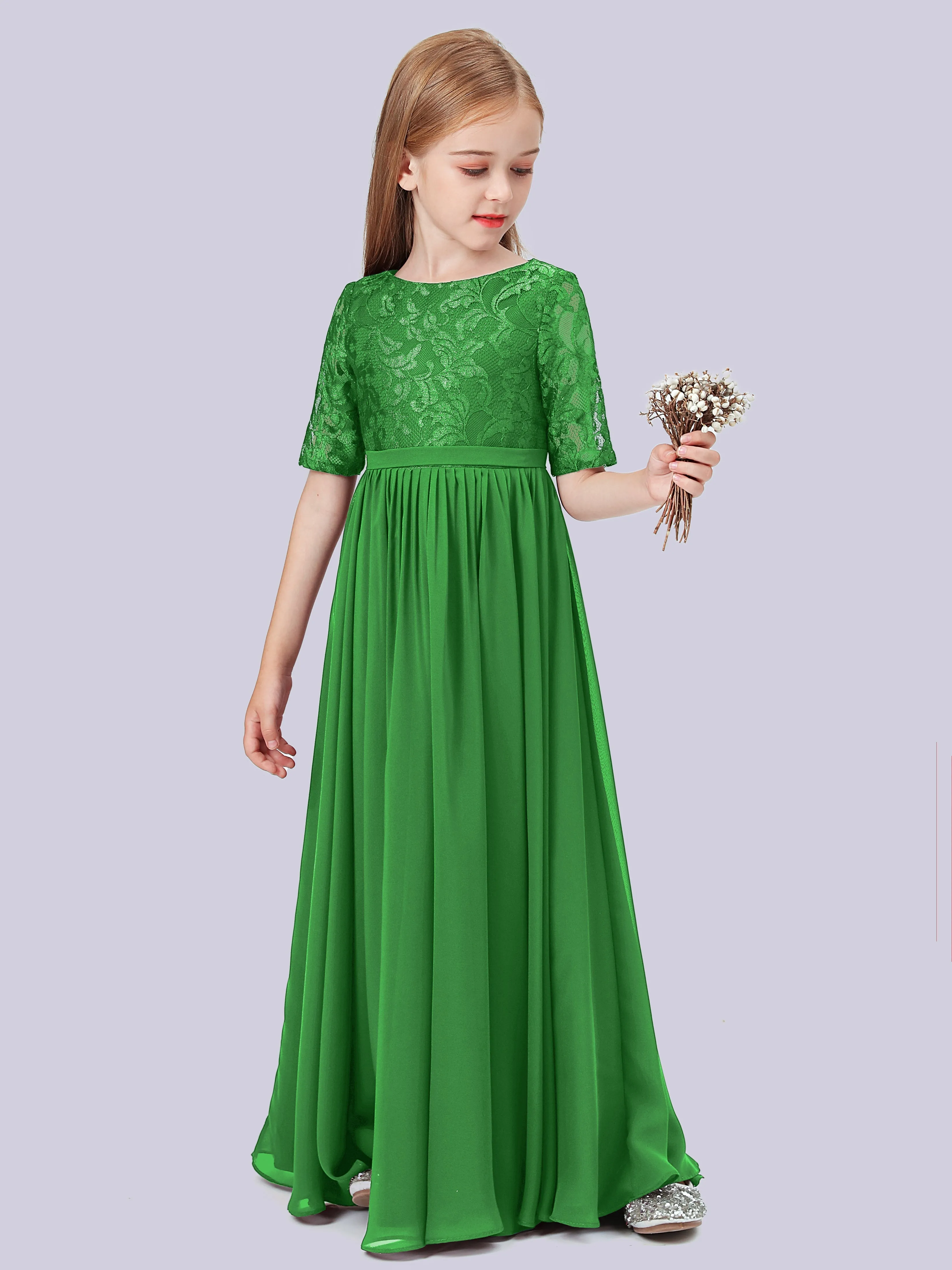 Half Sleeves Lace Junior Bridesmaid Dress