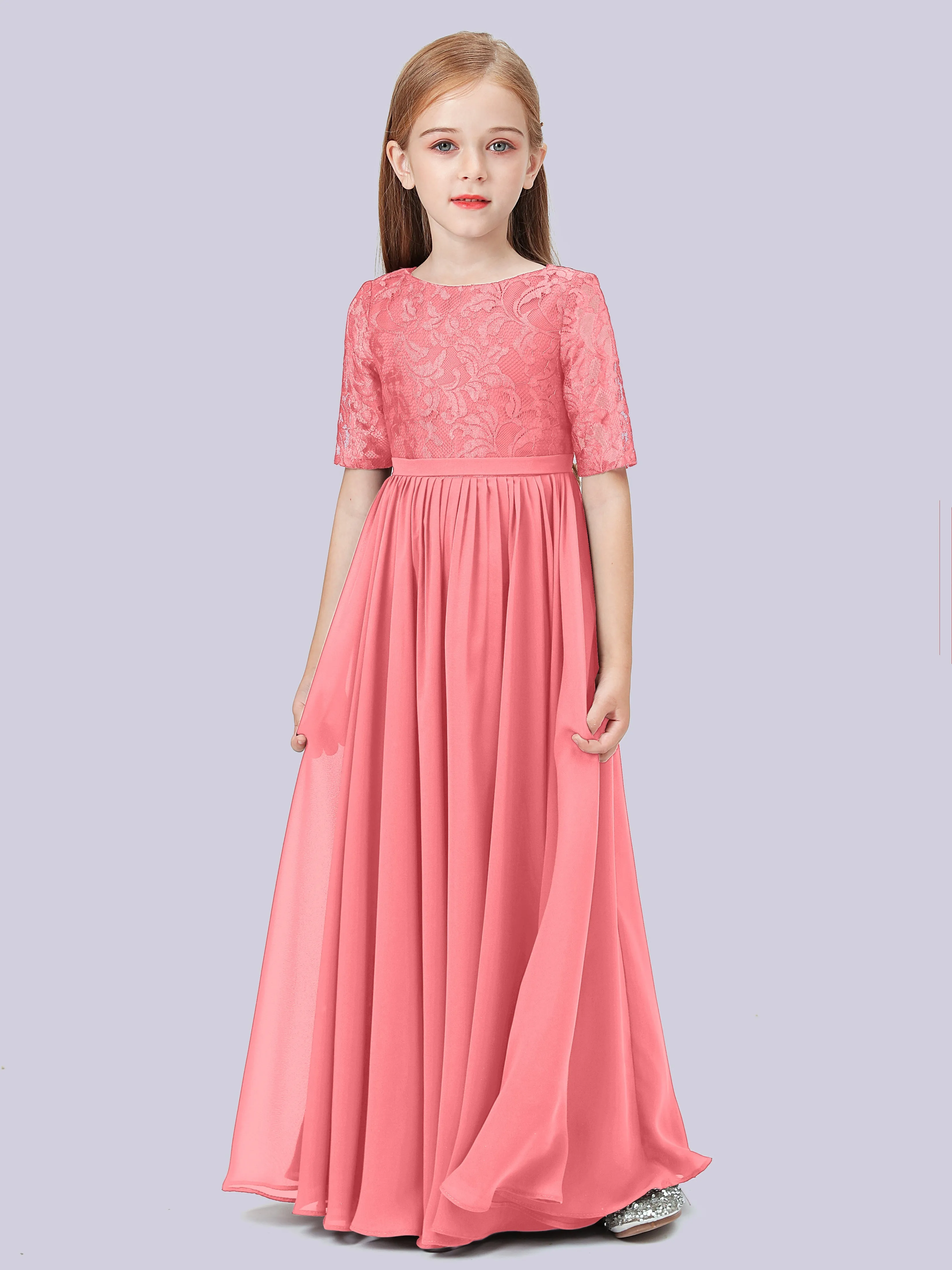 Half Sleeves Lace Junior Bridesmaid Dress