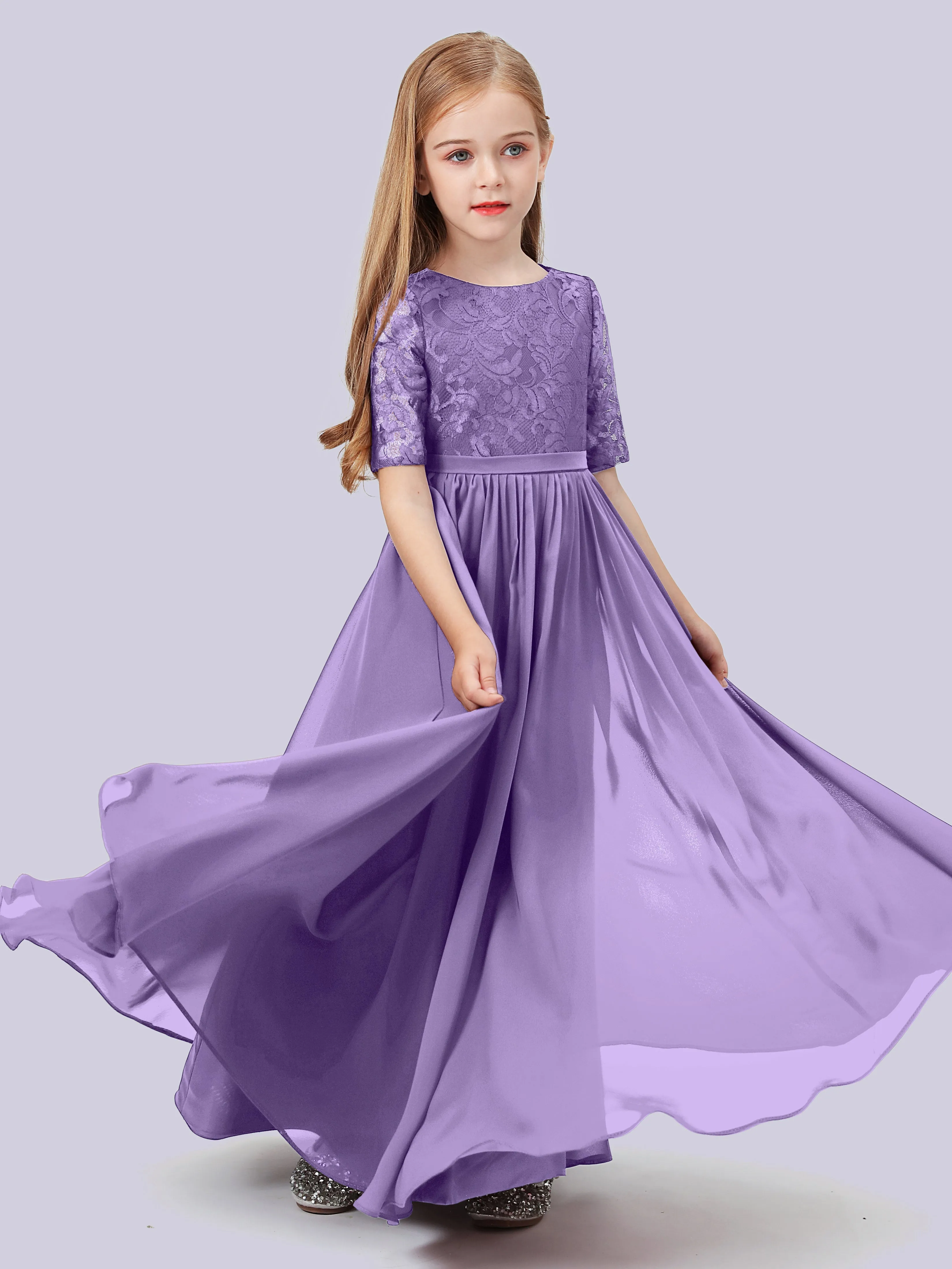 Half Sleeves Lace Junior Bridesmaid Dress