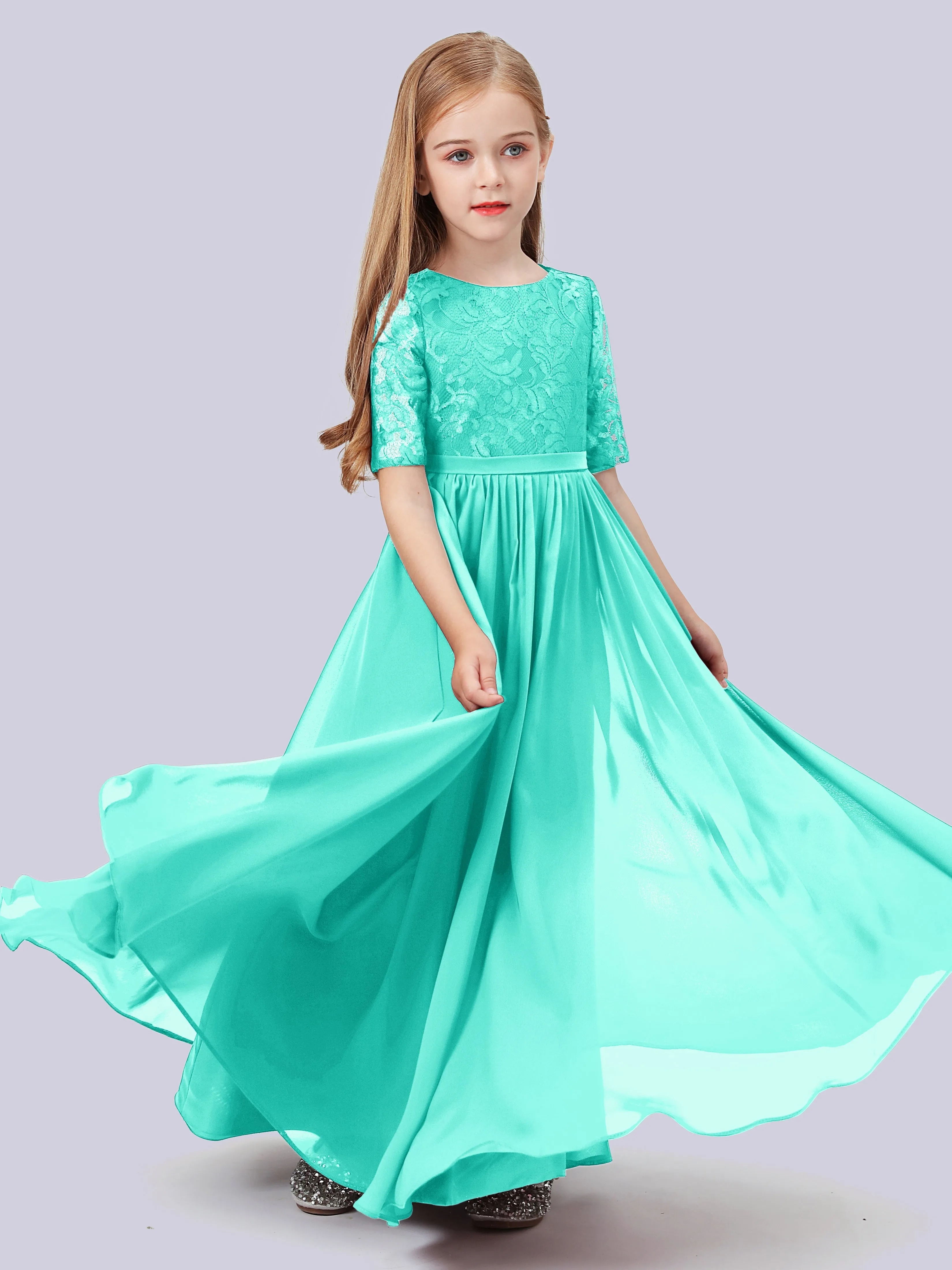 Half Sleeves Lace Junior Bridesmaid Dress