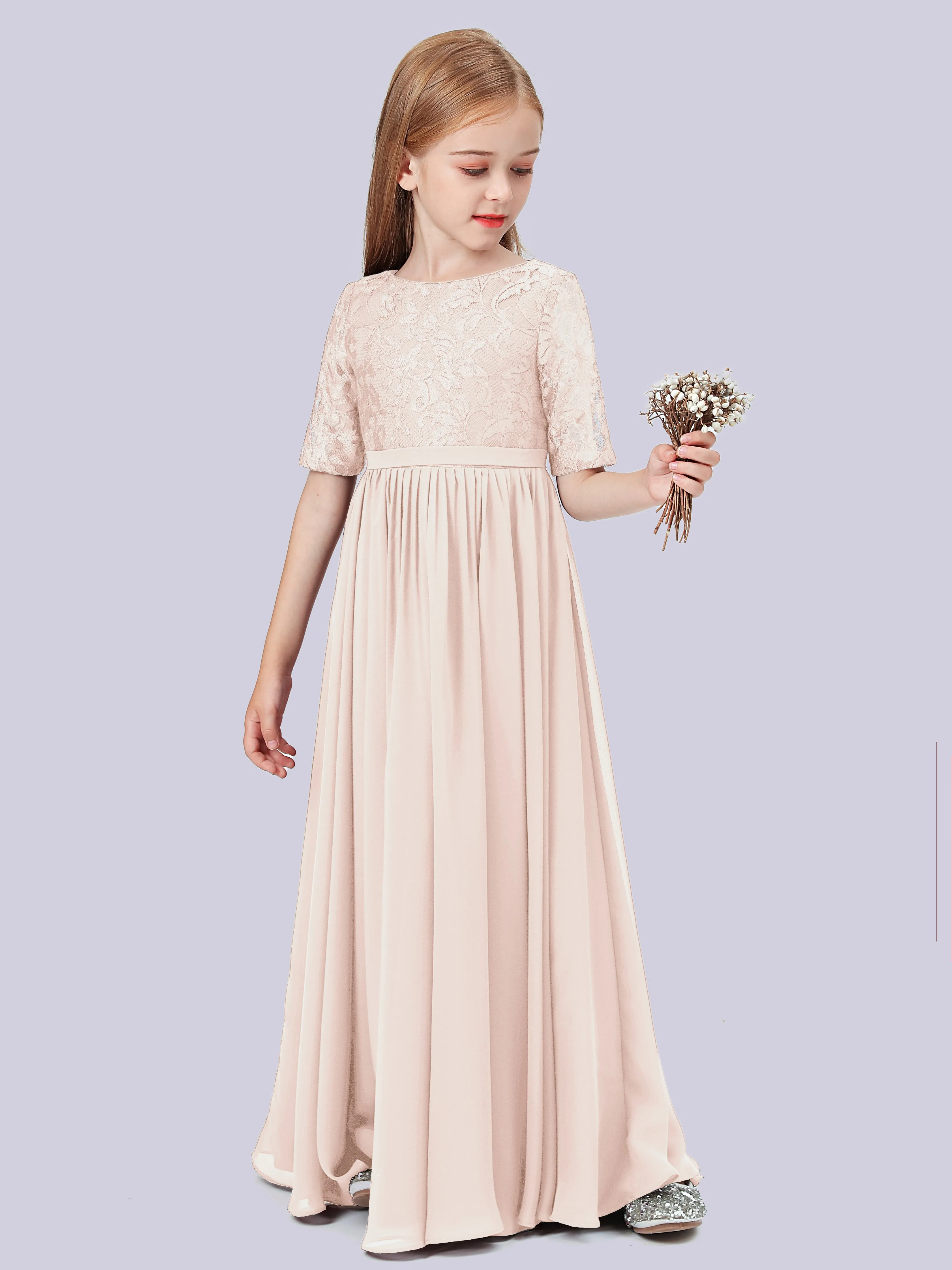 Half Sleeves Lace Junior Bridesmaid Dress