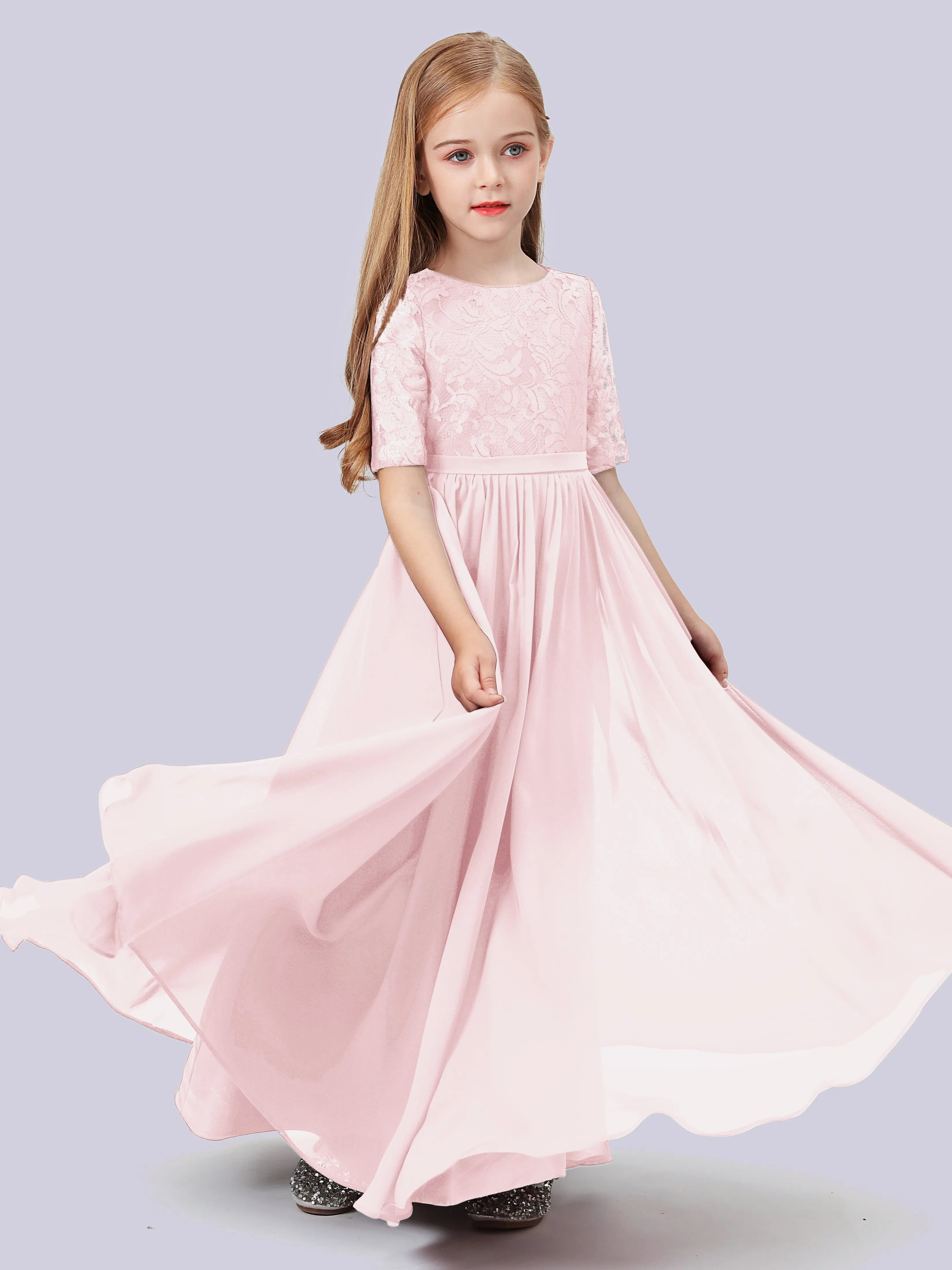 Half Sleeves Lace Junior Bridesmaid Dress