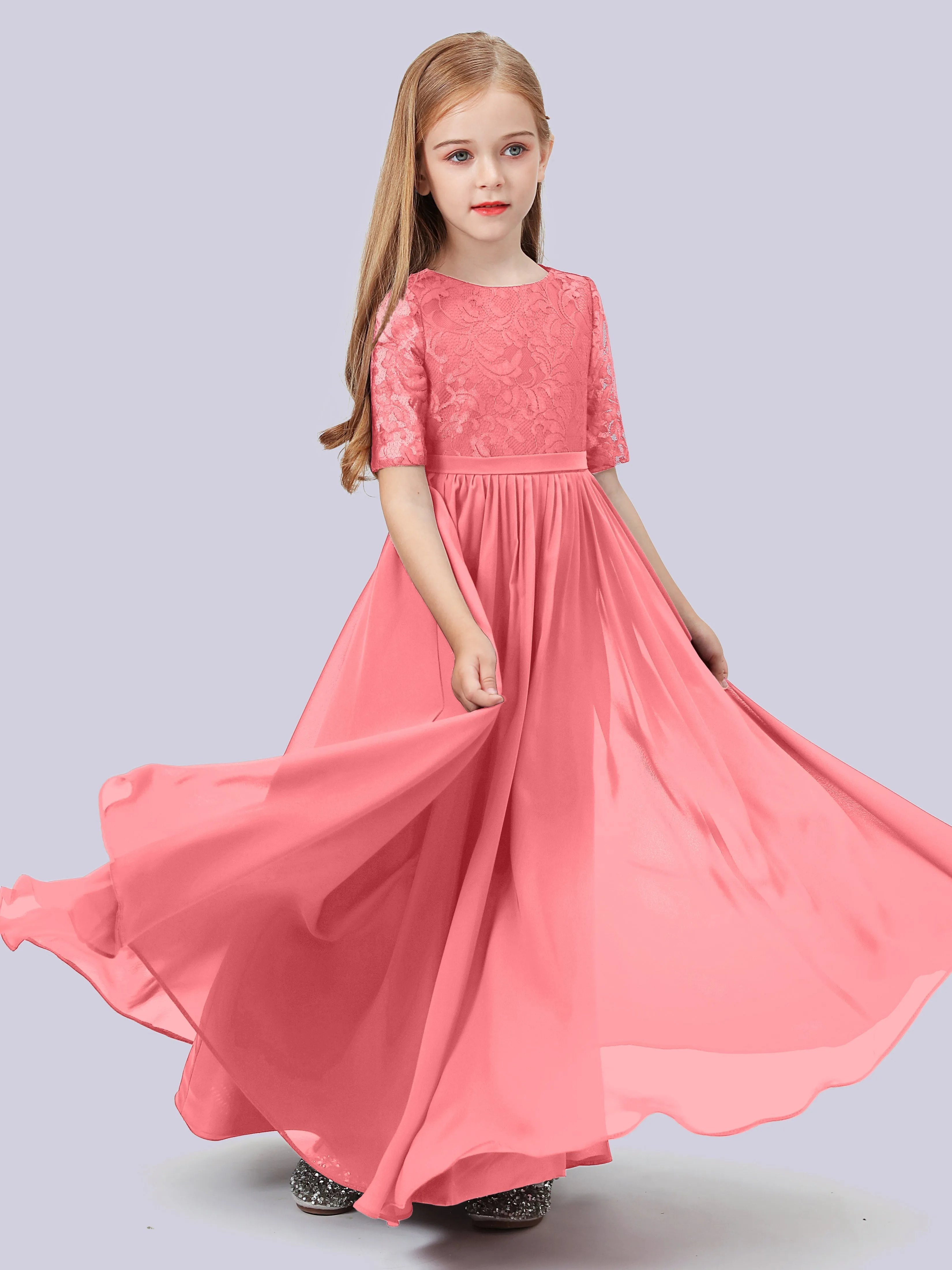 Half Sleeves Lace Junior Bridesmaid Dress