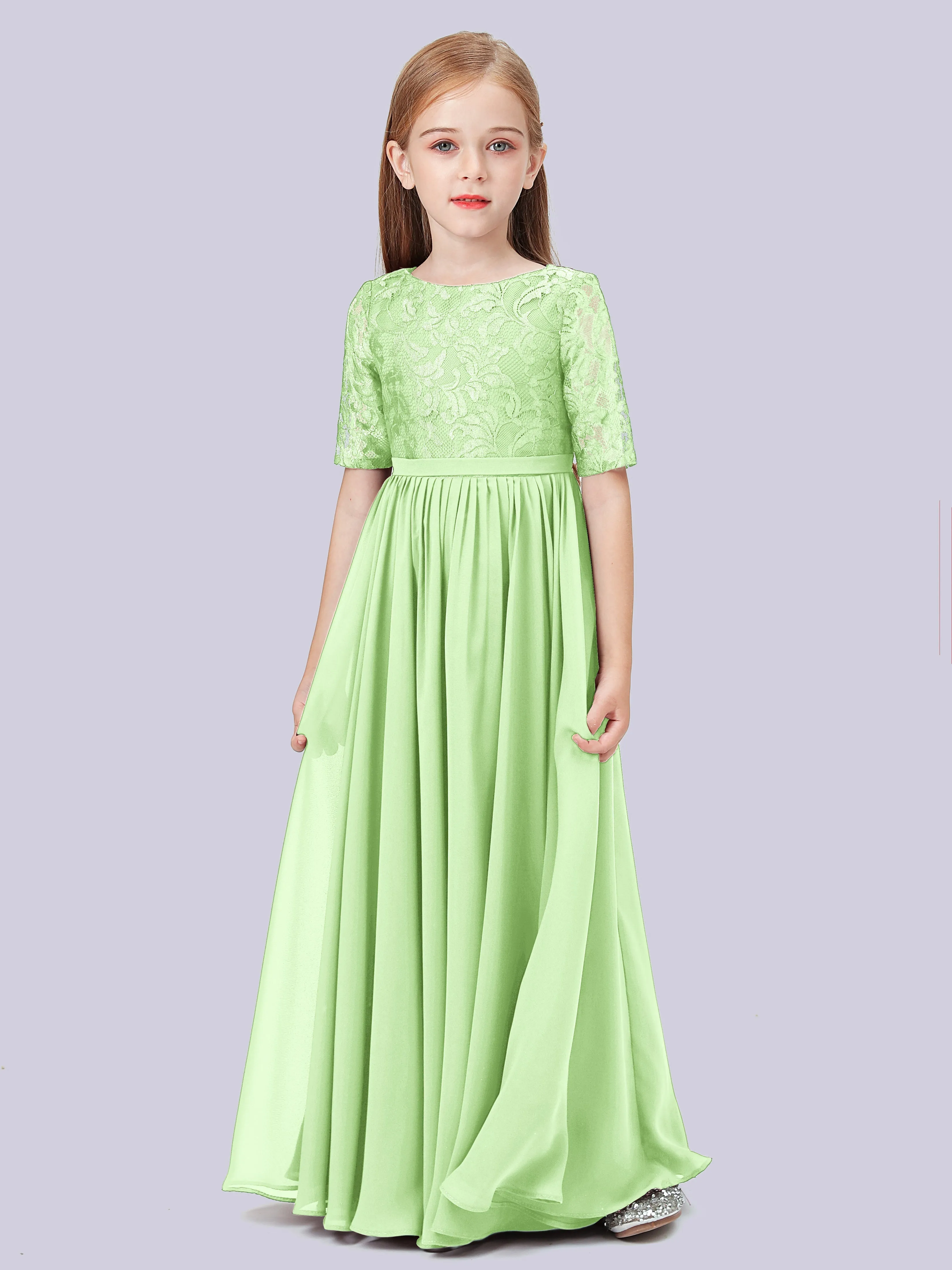 Half Sleeves Lace Junior Bridesmaid Dress