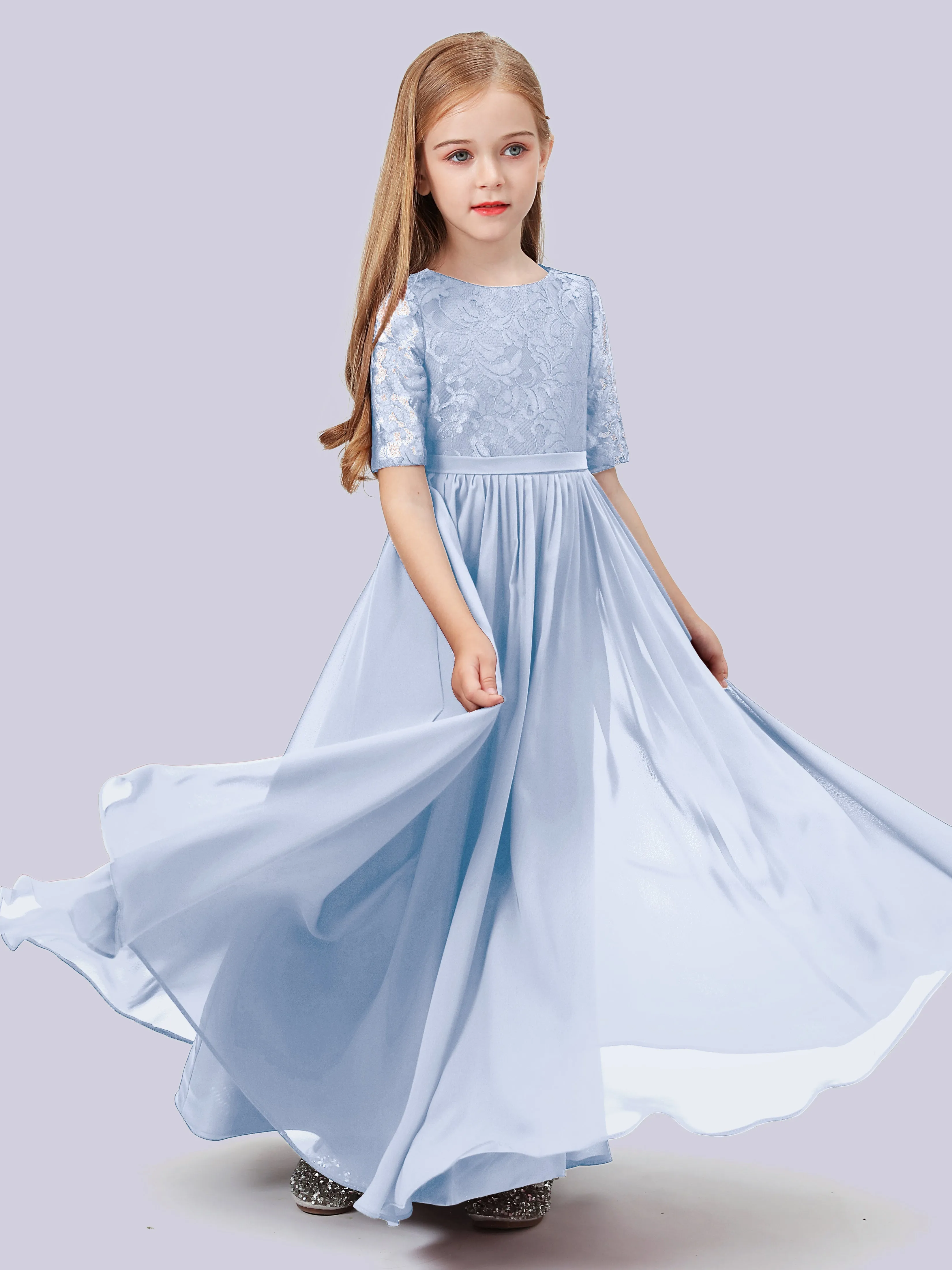 Half Sleeves Lace Junior Bridesmaid Dress