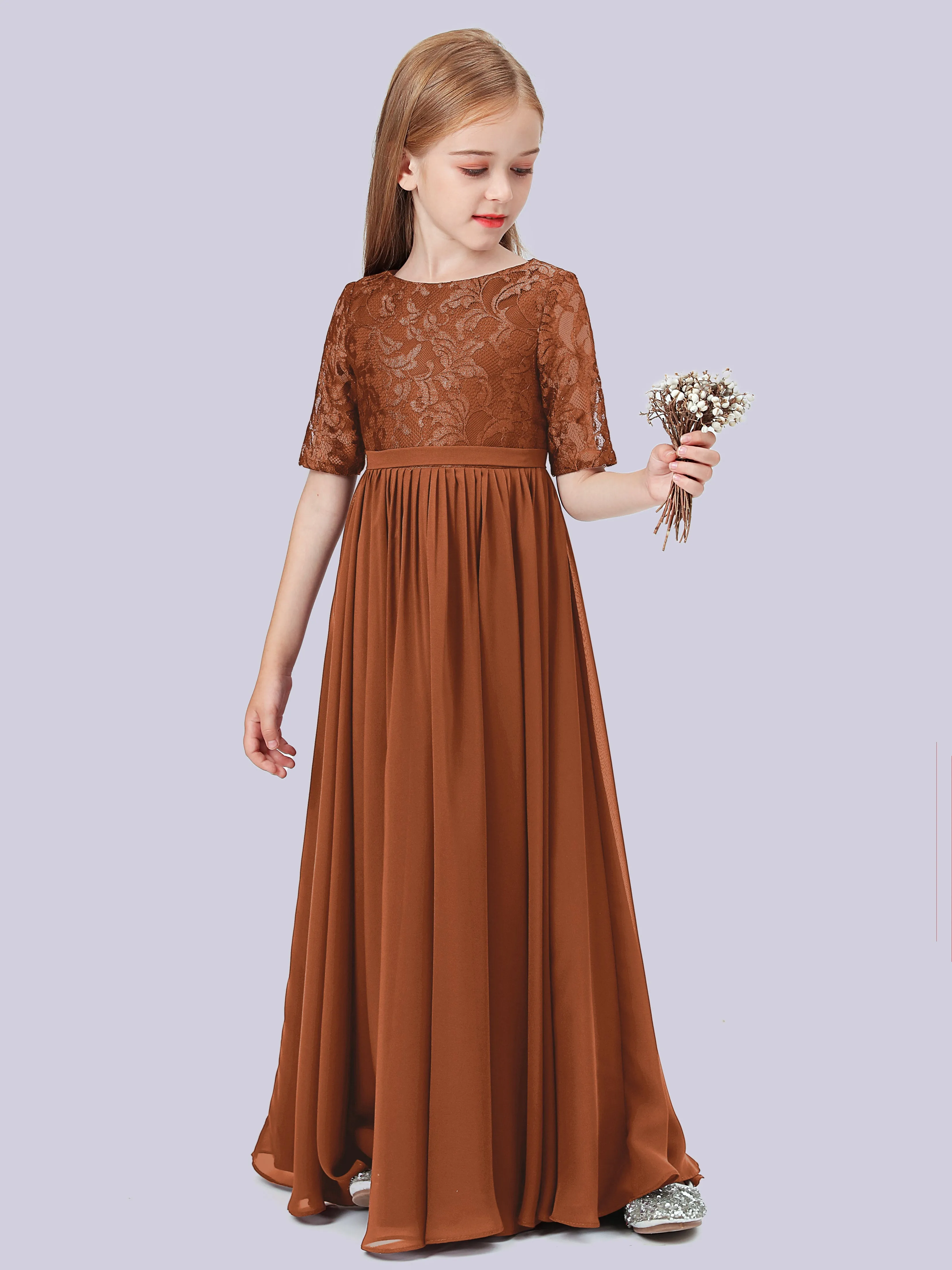 Half Sleeves Lace Junior Bridesmaid Dress