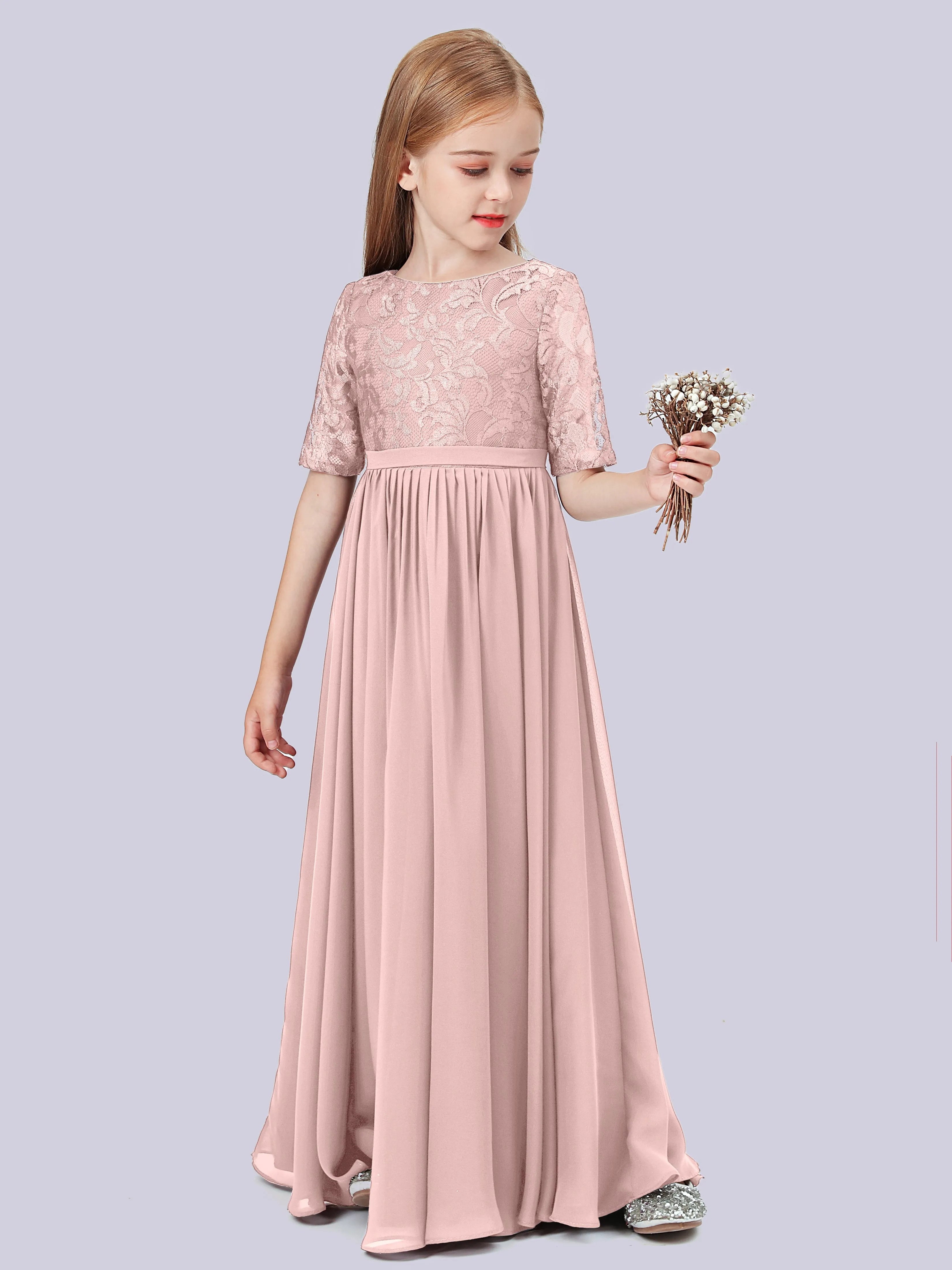 Half Sleeves Lace Junior Bridesmaid Dress