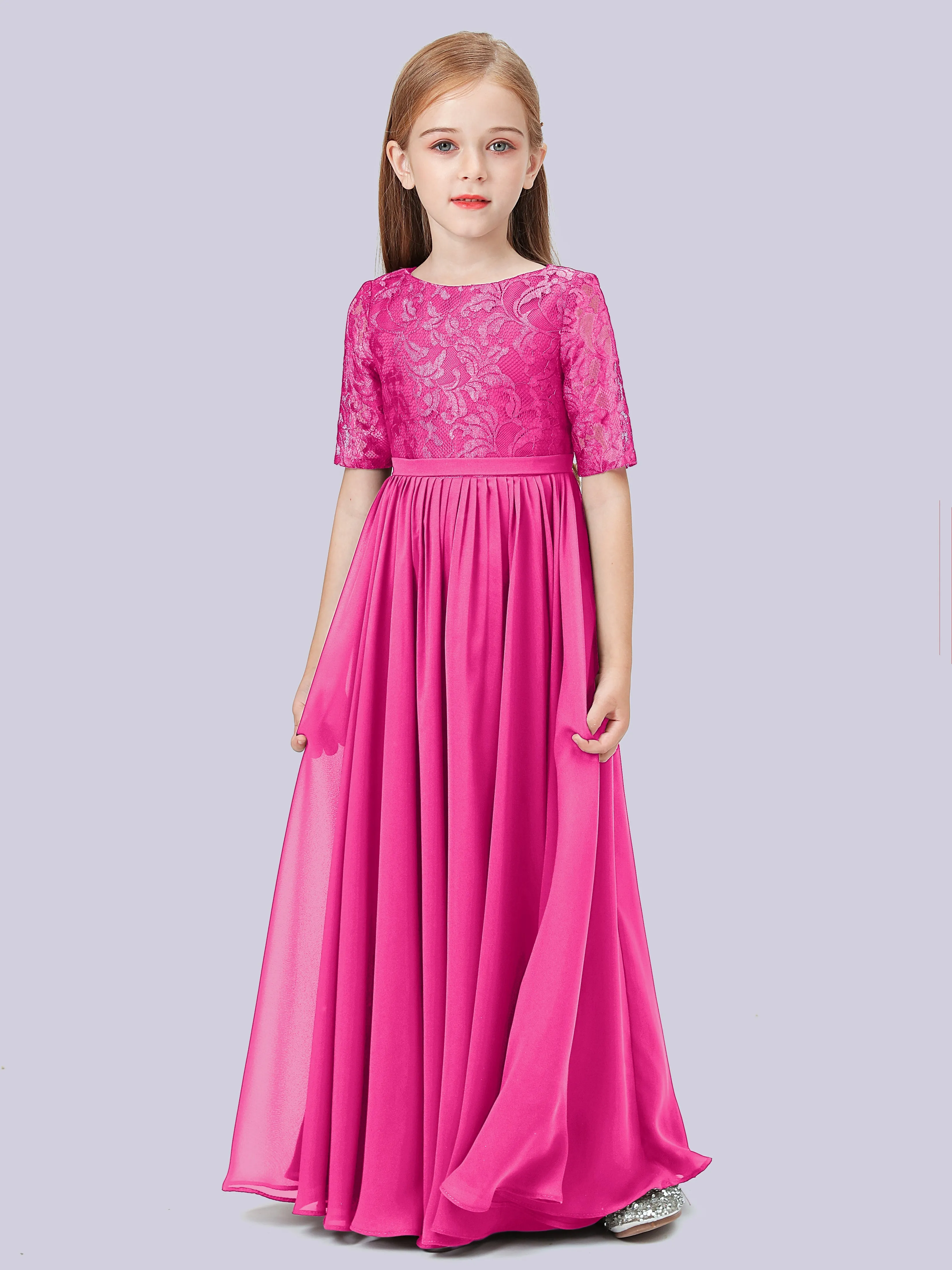 Half Sleeves Lace Junior Bridesmaid Dress