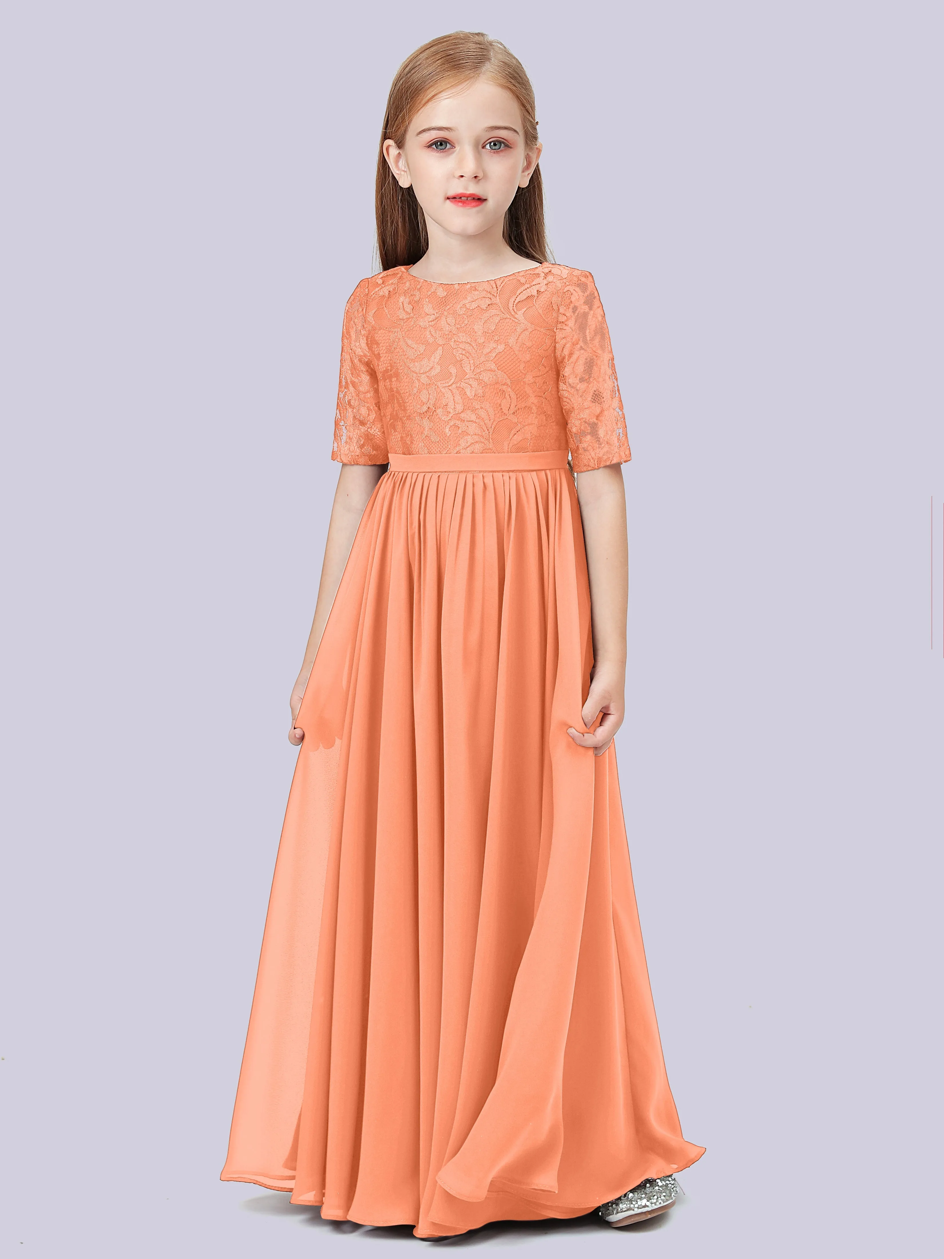 Half Sleeves Lace Junior Bridesmaid Dress