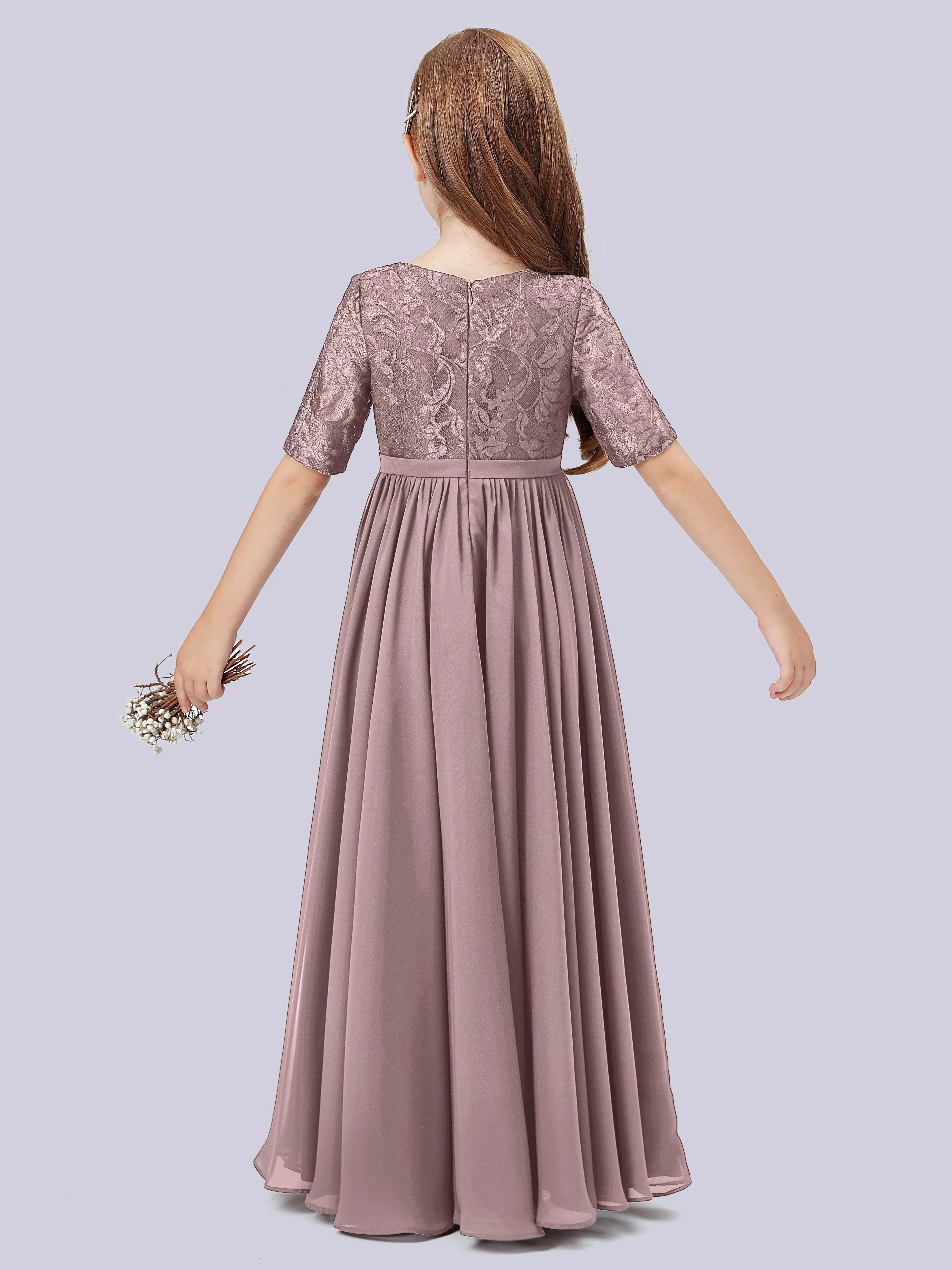 Half Sleeves Lace Junior Bridesmaid Dress