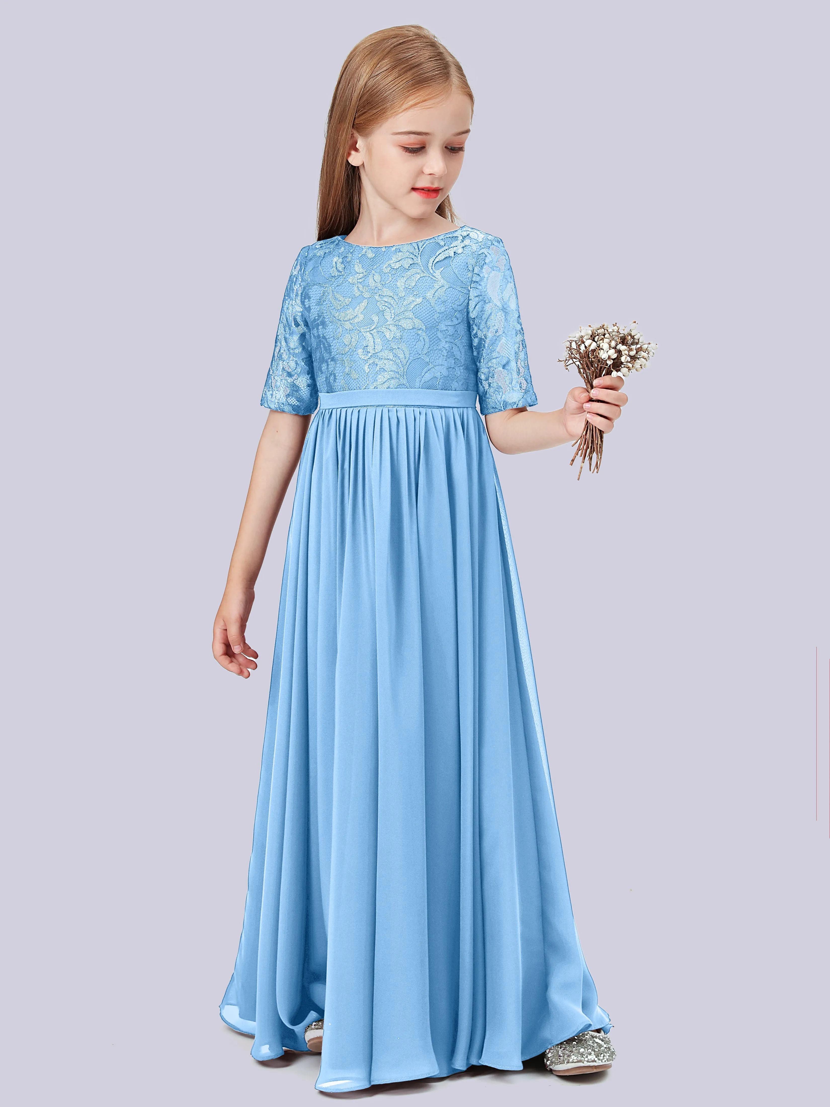 Half Sleeves Lace Junior Bridesmaid Dress