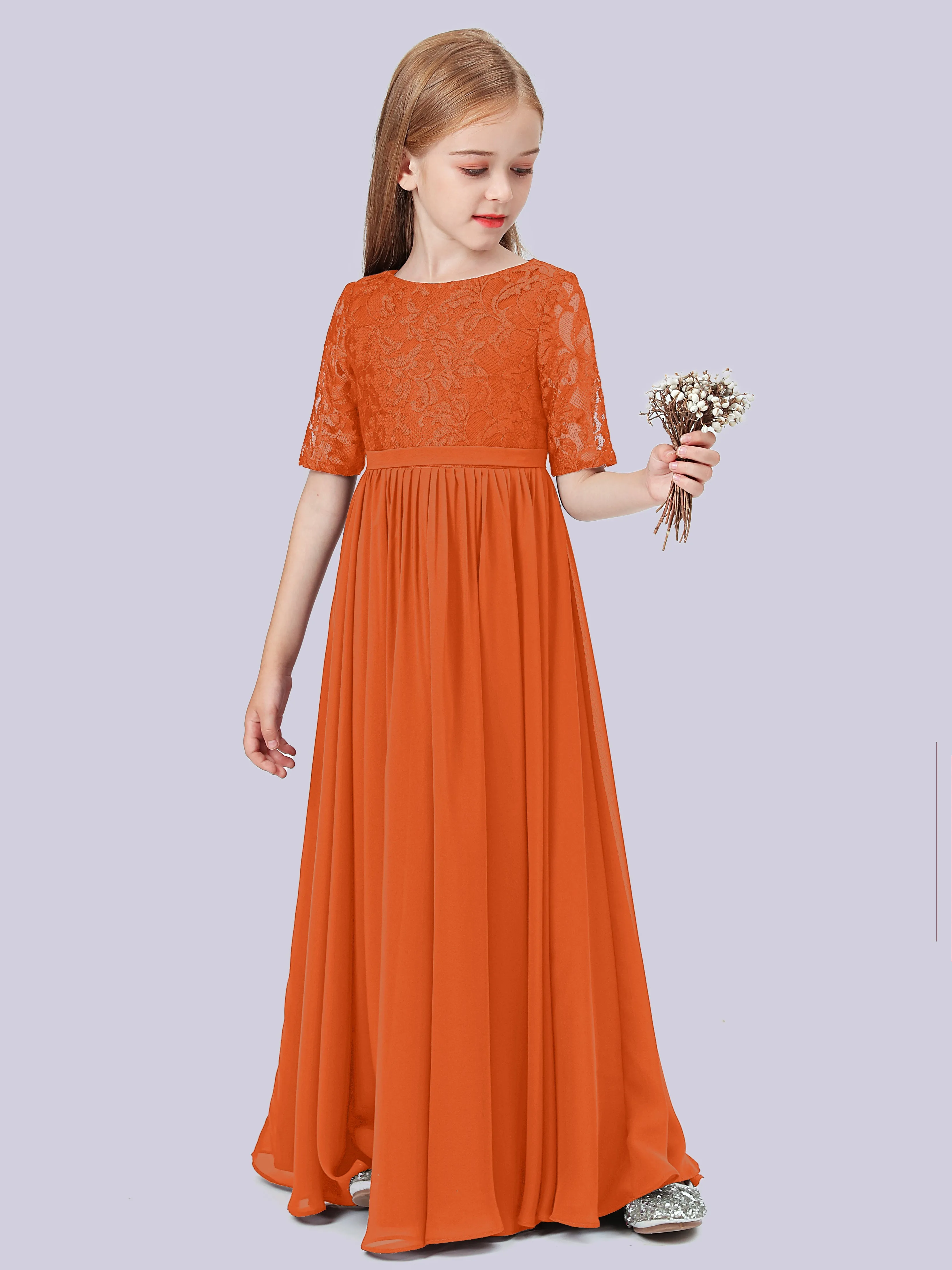 Half Sleeves Lace Junior Bridesmaid Dress