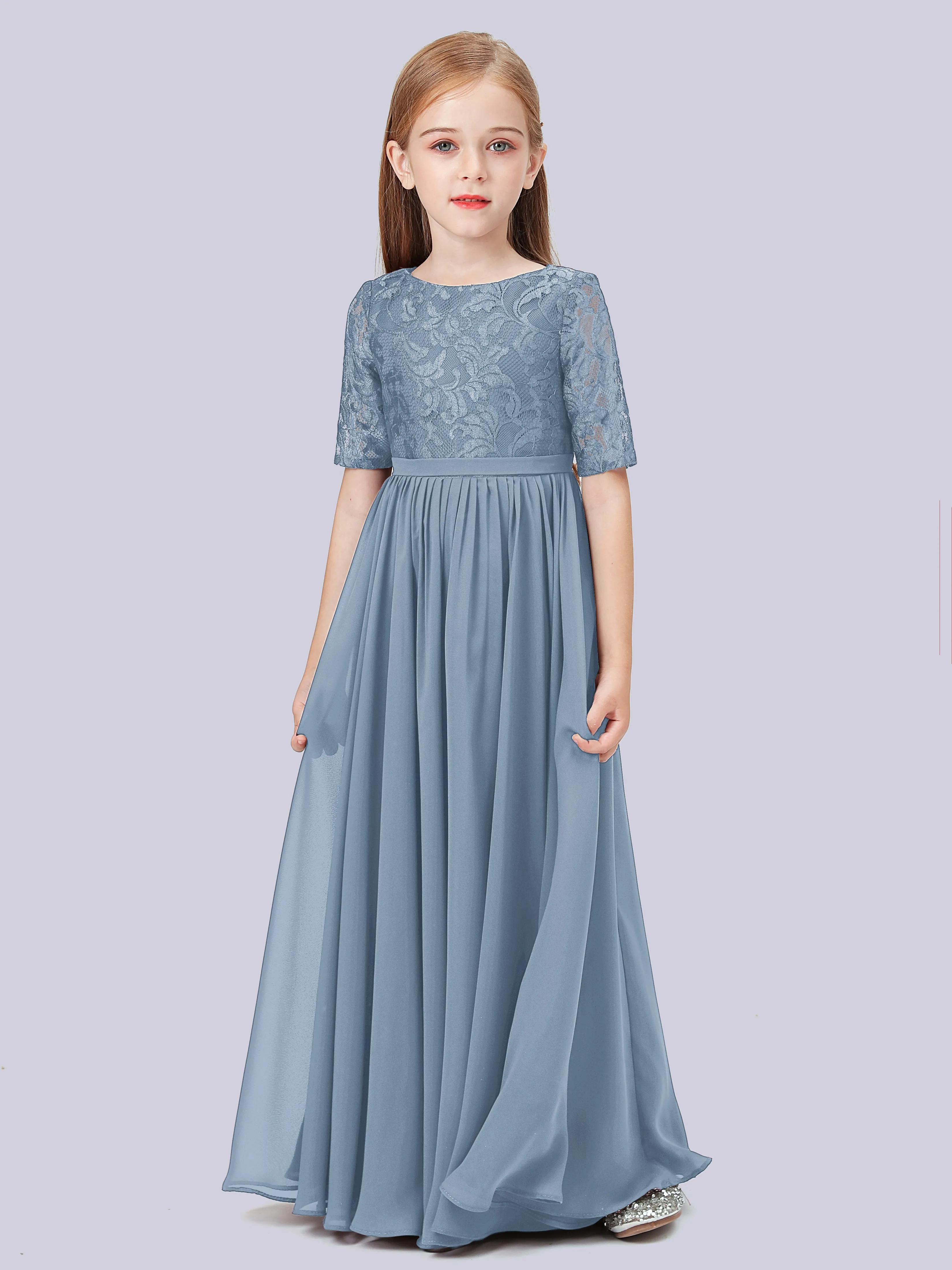 Half Sleeves Lace Junior Bridesmaid Dress