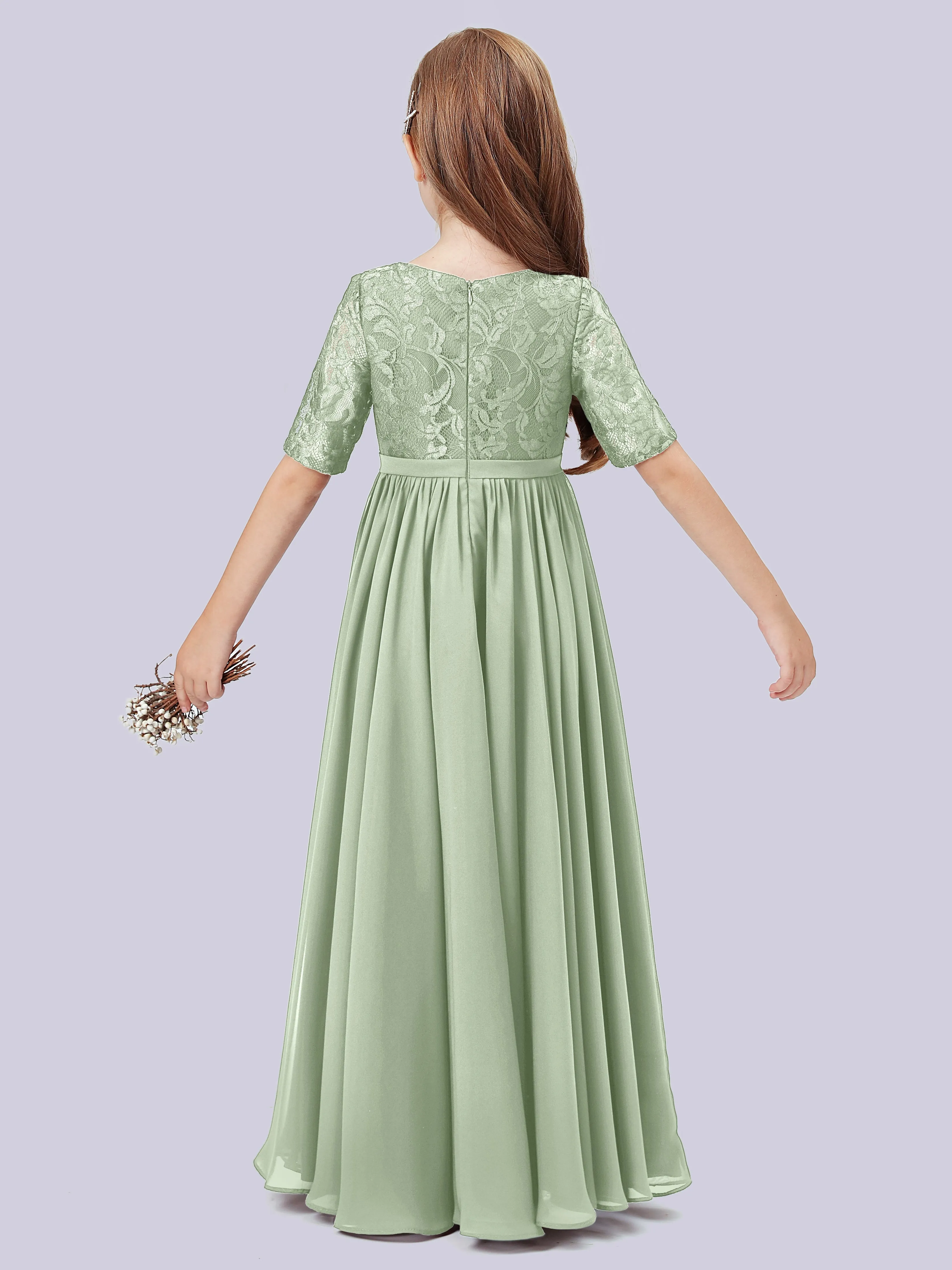 Half Sleeves Lace Junior Bridesmaid Dress