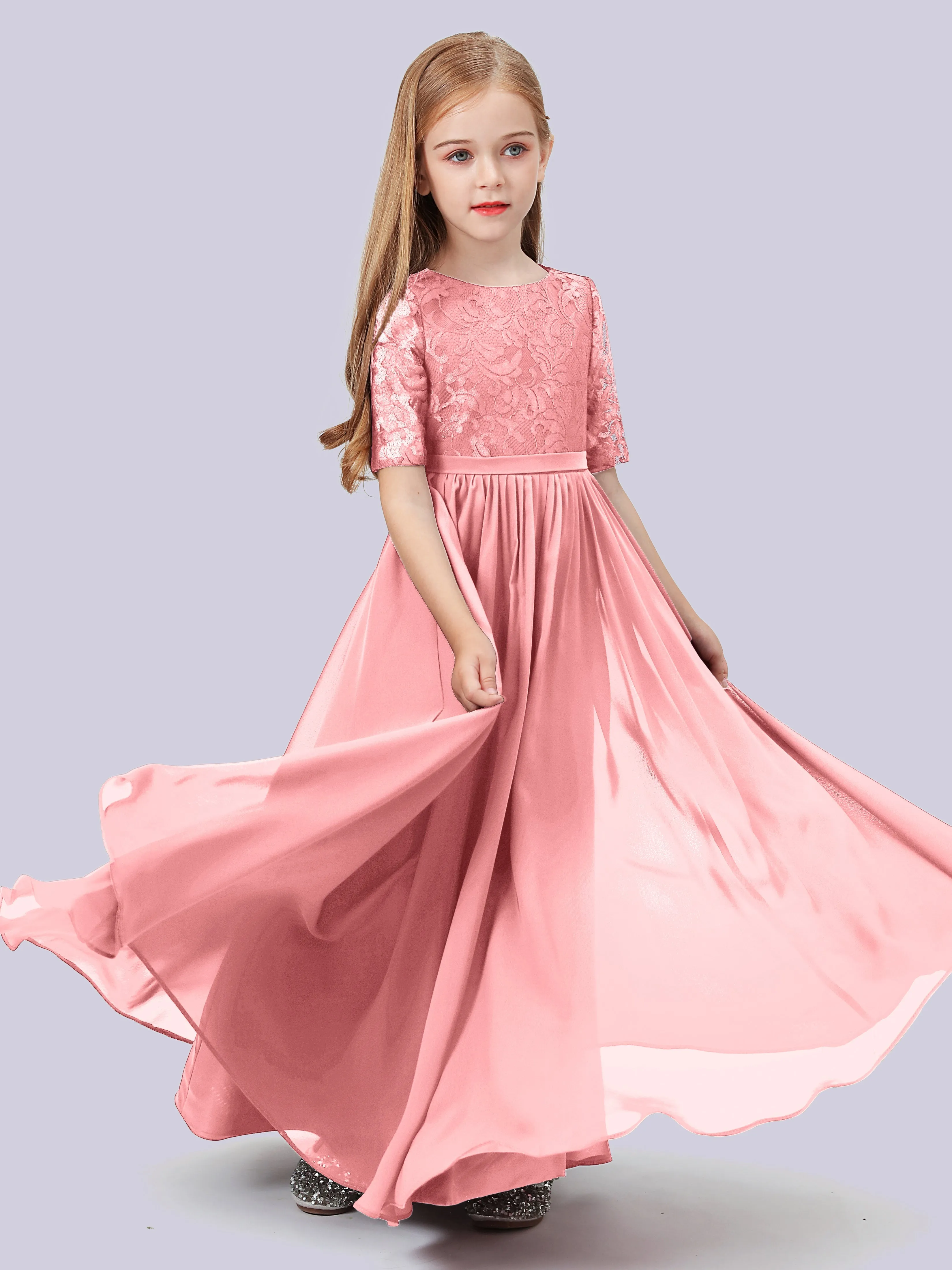 Half Sleeves Lace Junior Bridesmaid Dress