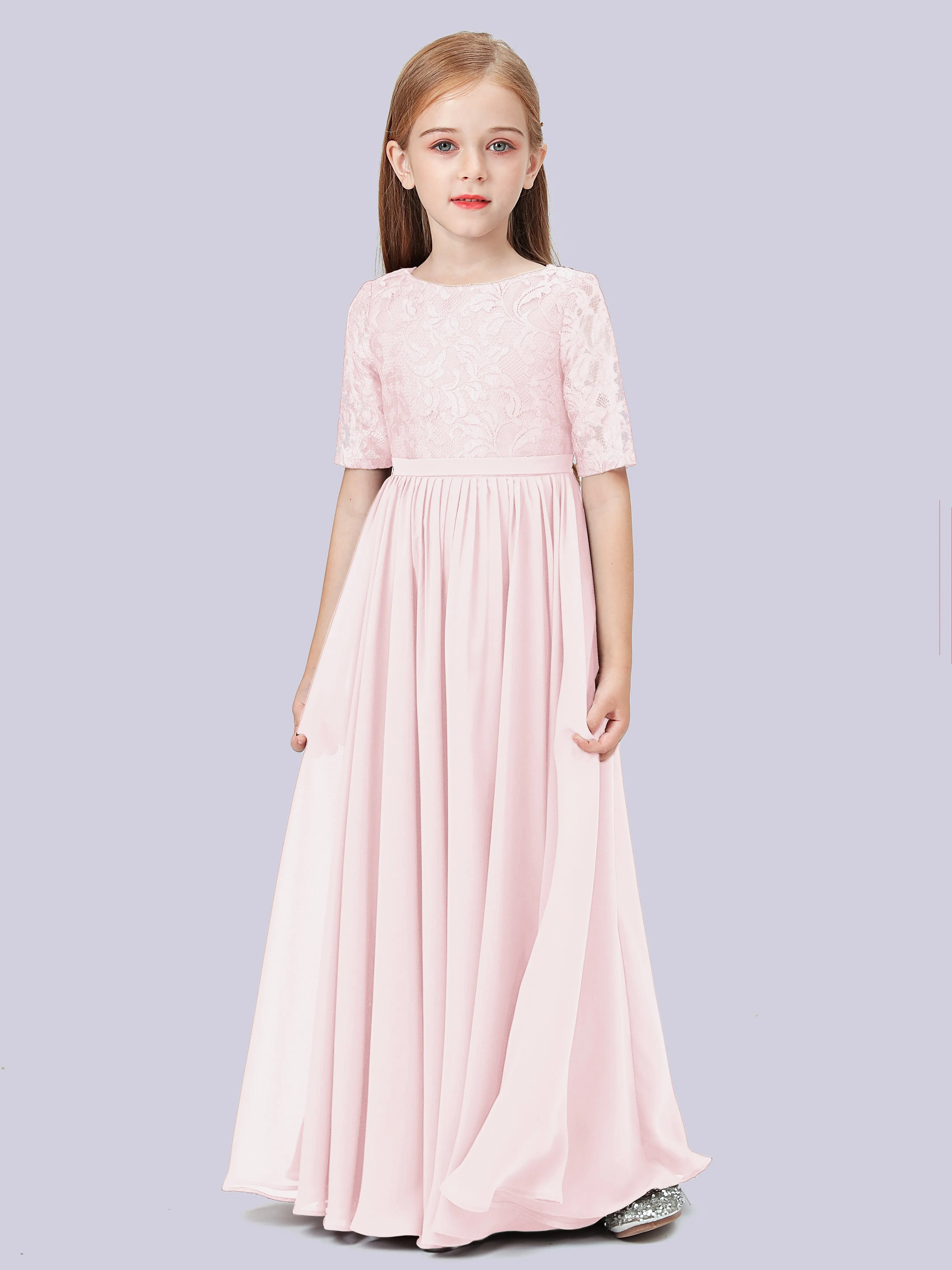 Half Sleeves Lace Junior Bridesmaid Dress