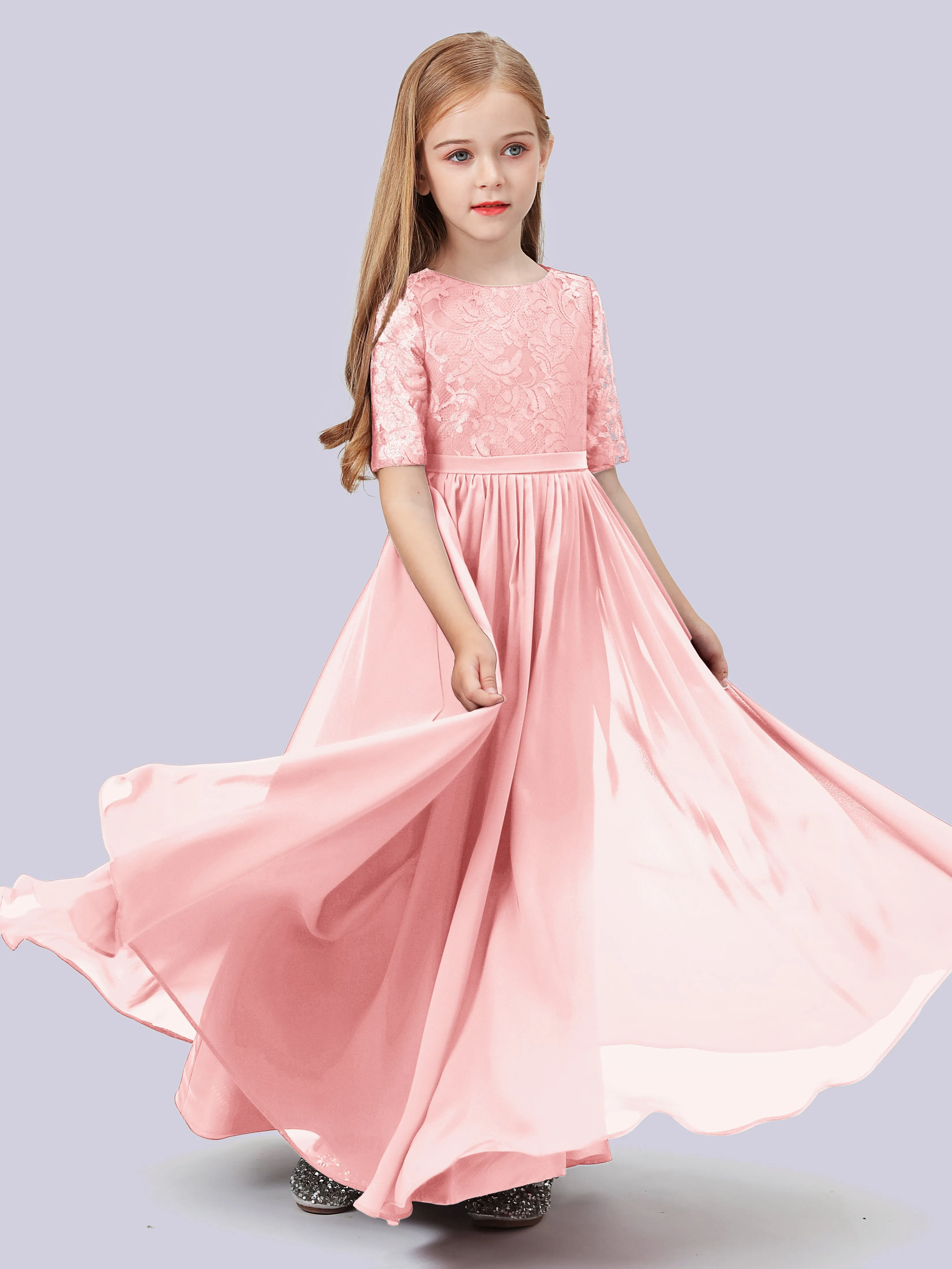 Half Sleeves Lace Junior Bridesmaid Dress