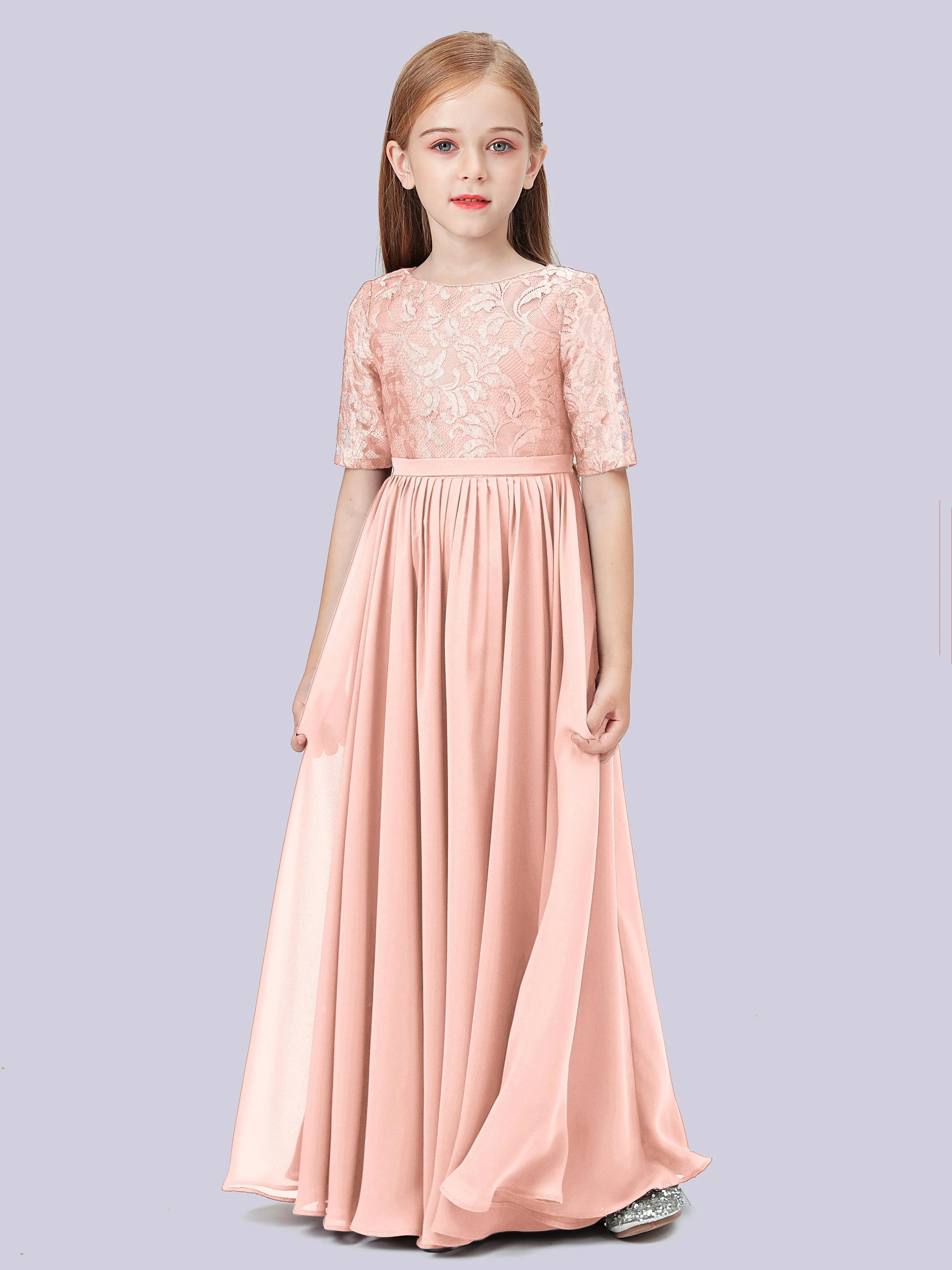 Half Sleeves Lace Junior Bridesmaid Dress