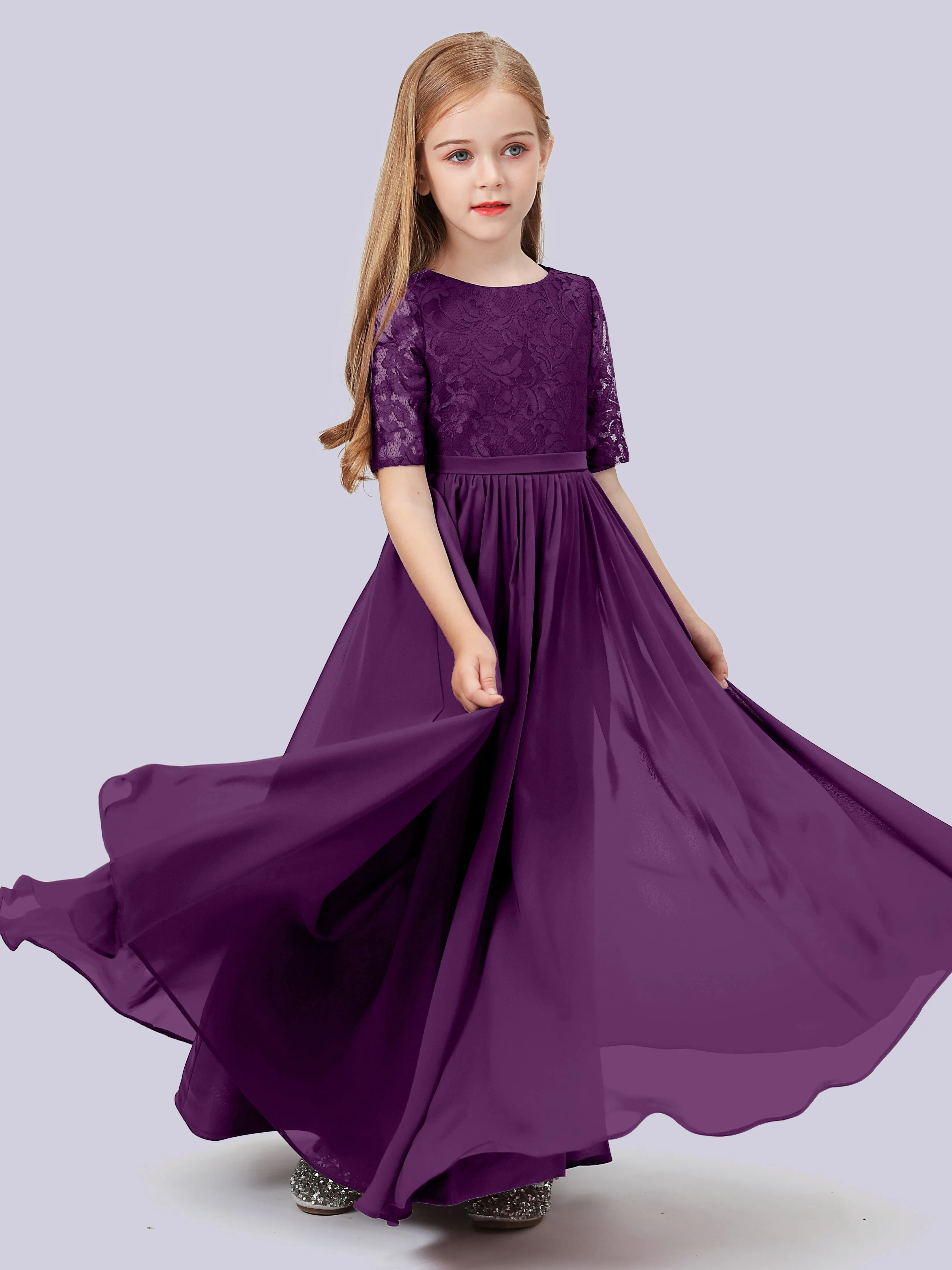 Half Sleeves Lace Junior Bridesmaid Dress