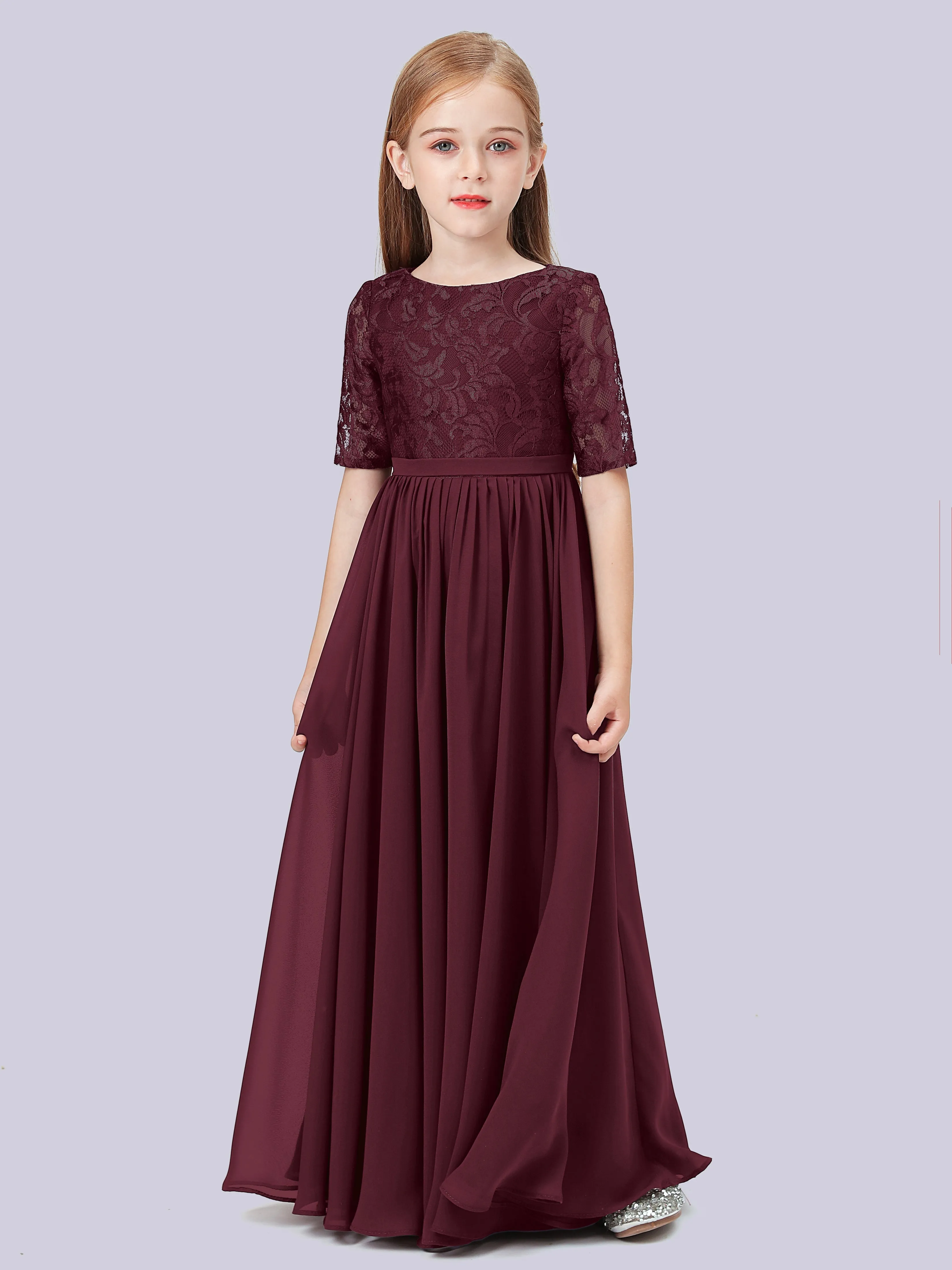 Half Sleeves Lace Junior Bridesmaid Dress