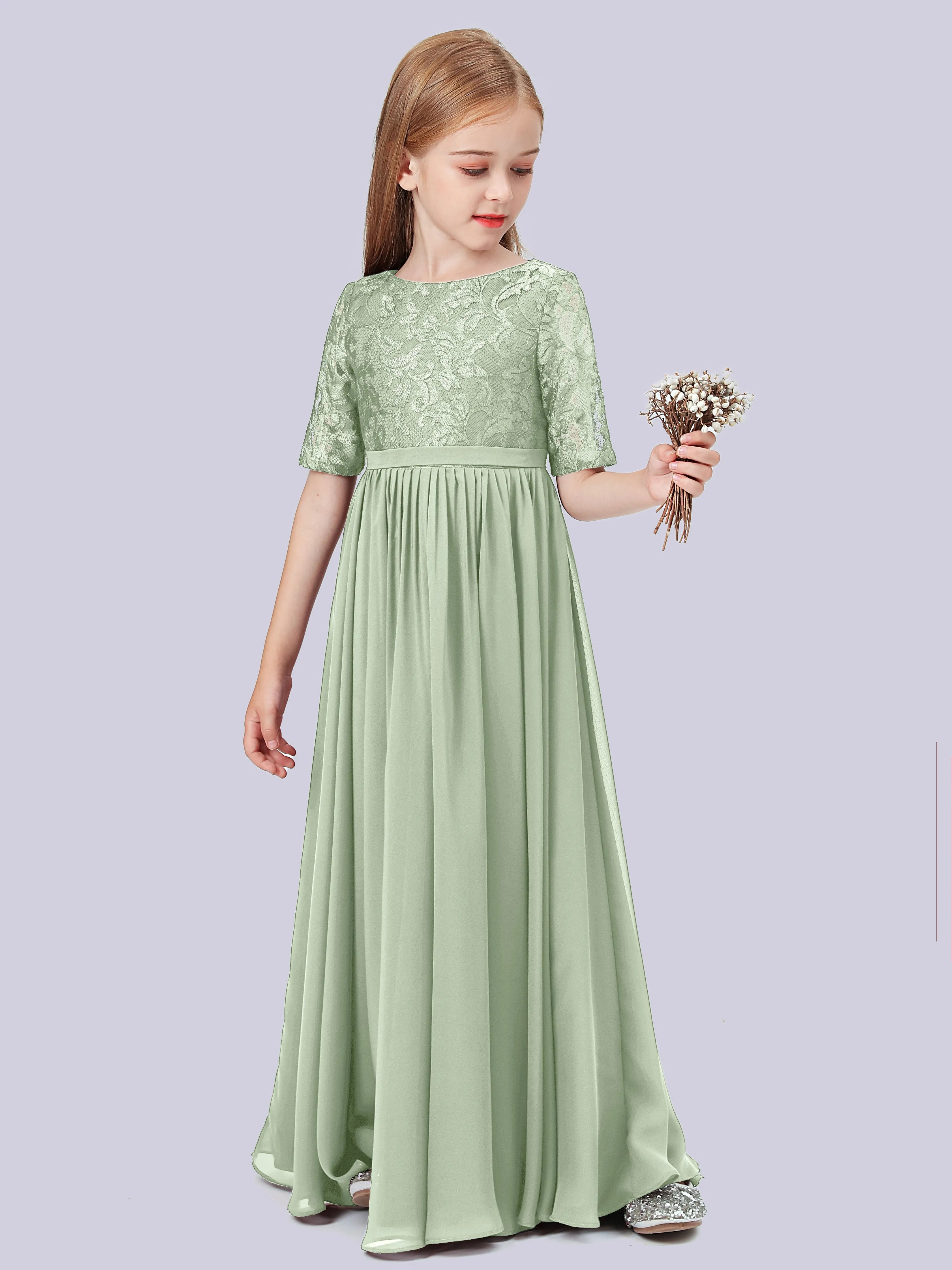 Half Sleeves Lace Junior Bridesmaid Dress