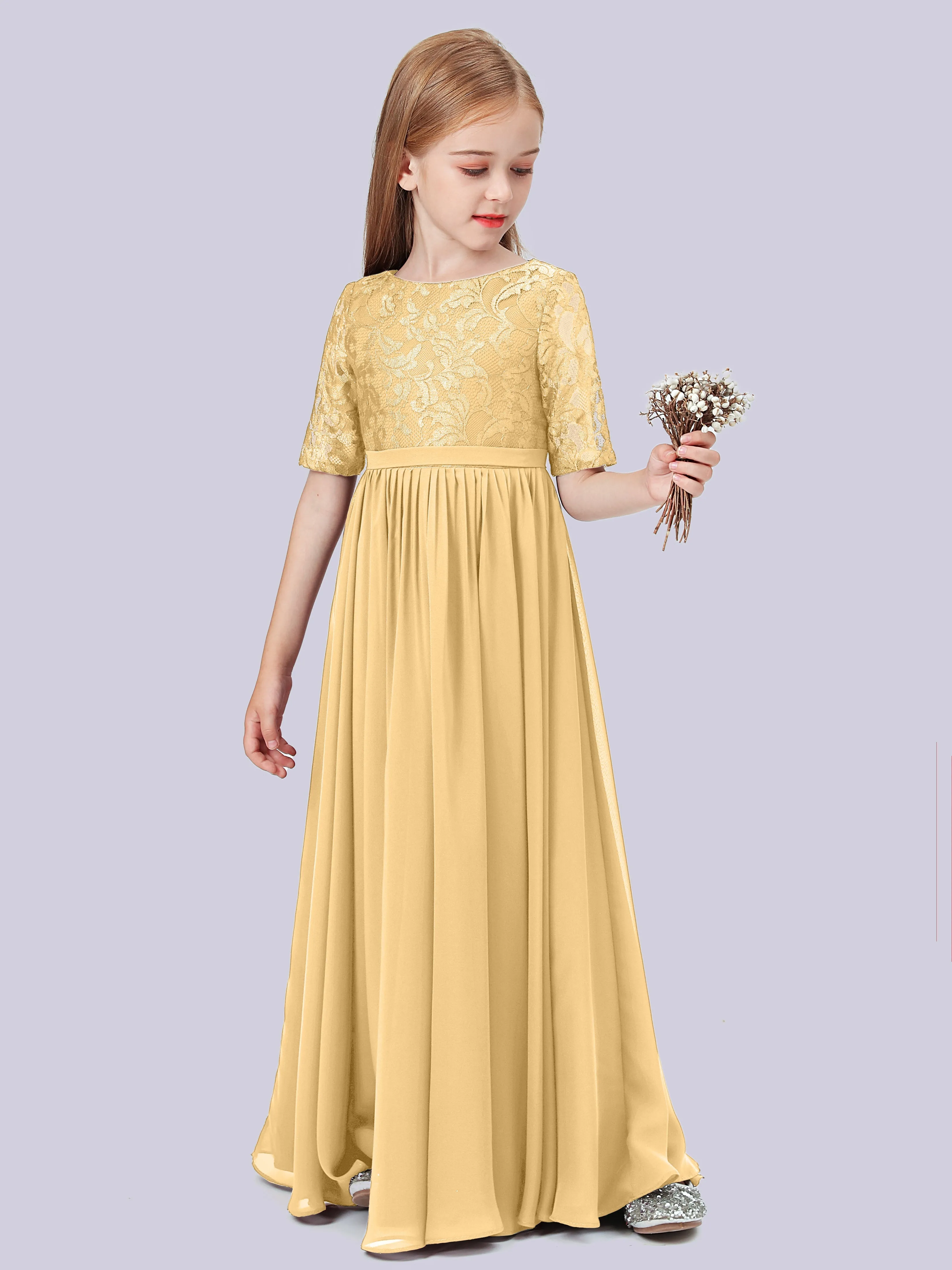 Half Sleeves Lace Junior Bridesmaid Dress