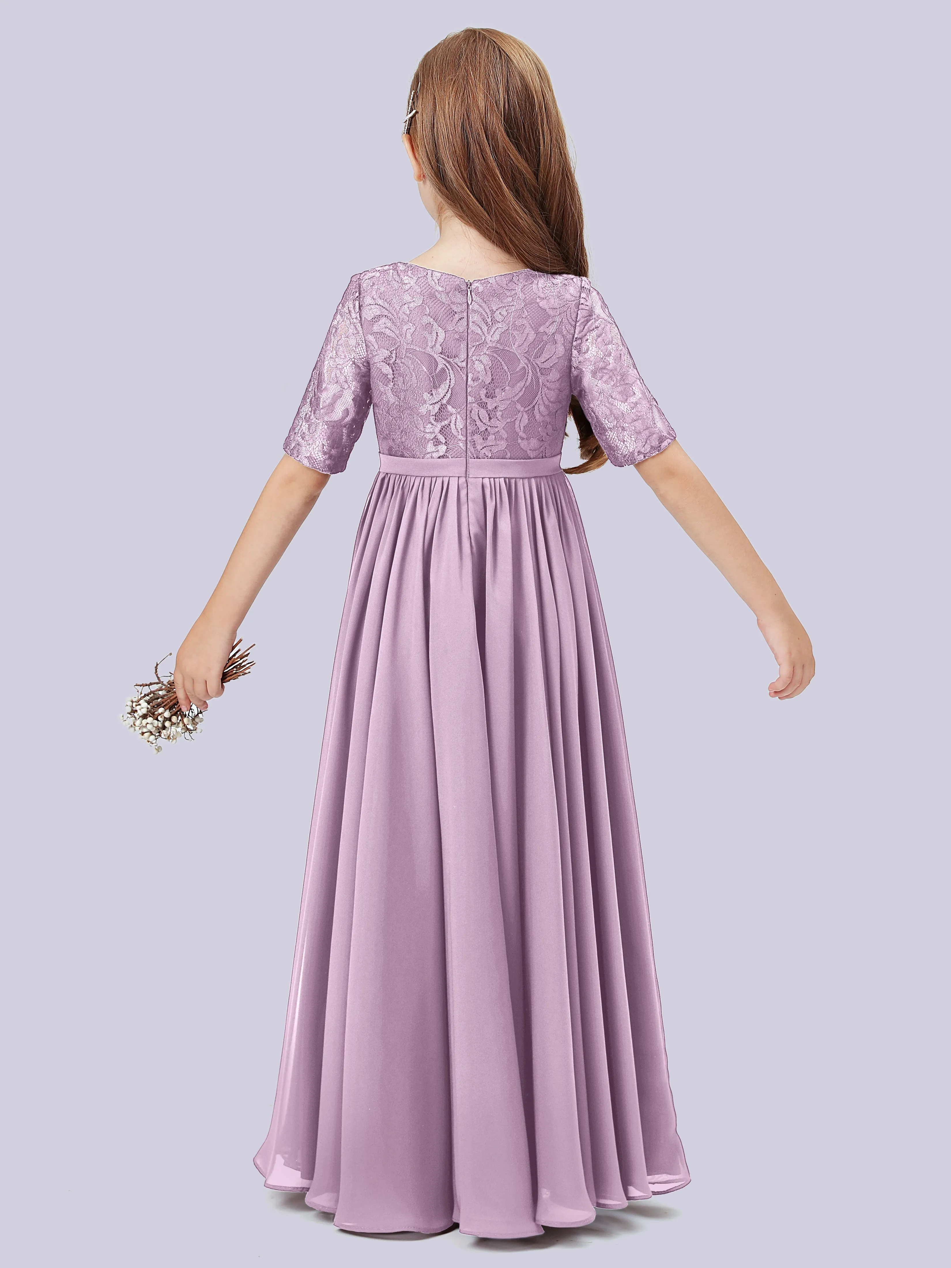 Half Sleeves Lace Junior Bridesmaid Dress