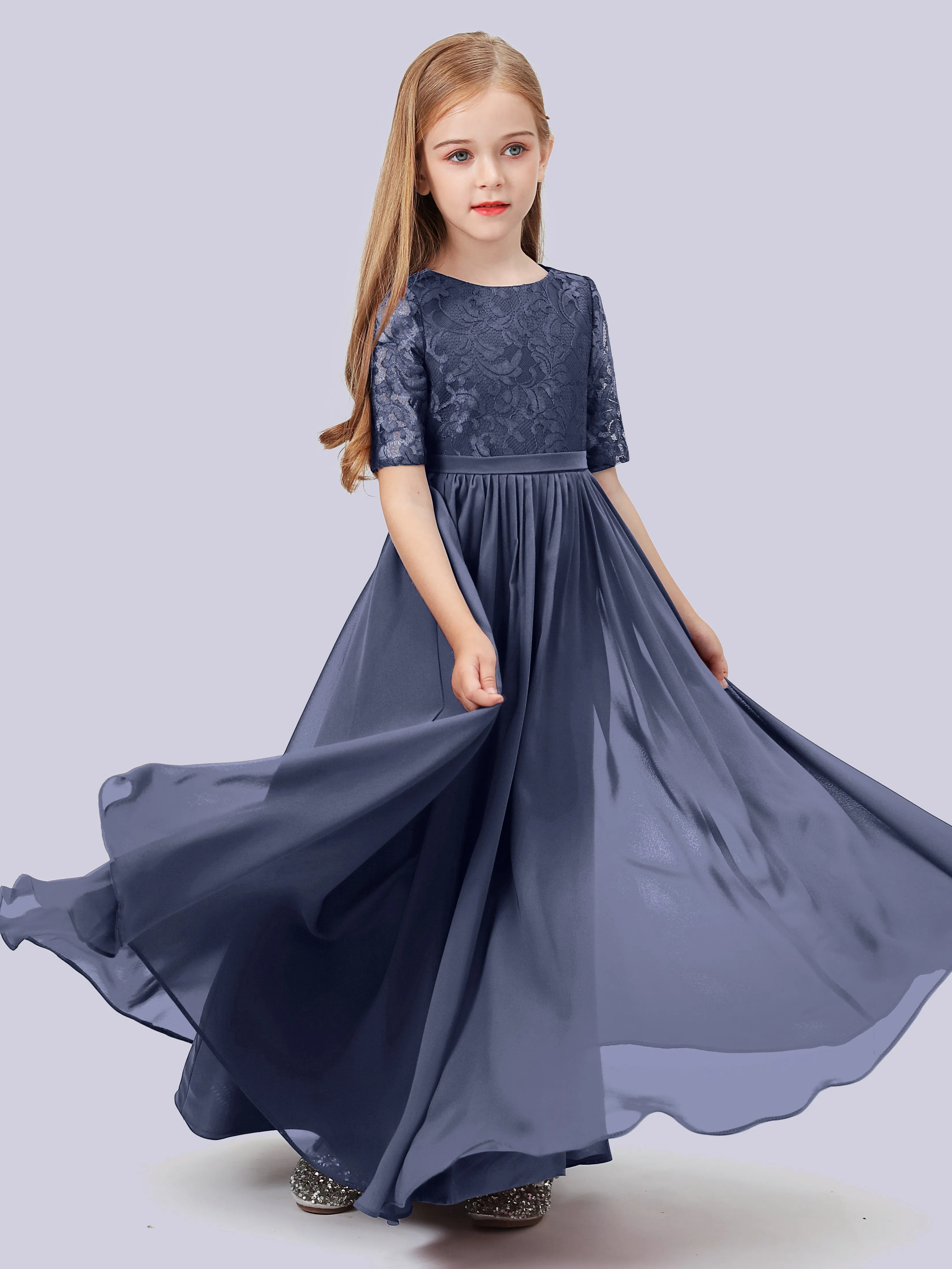 Half Sleeves Lace Junior Bridesmaid Dress