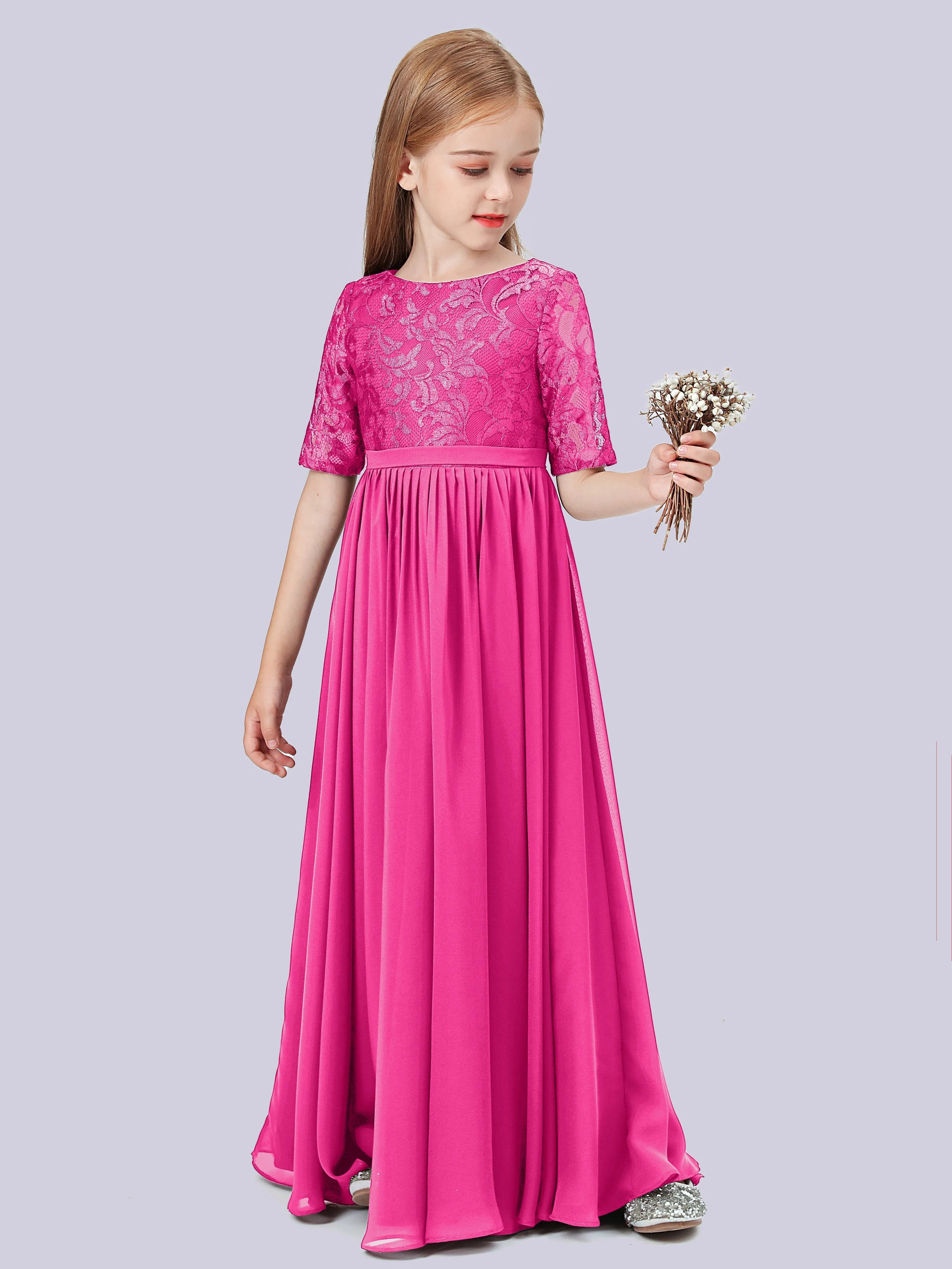 Half Sleeves Lace Junior Bridesmaid Dress