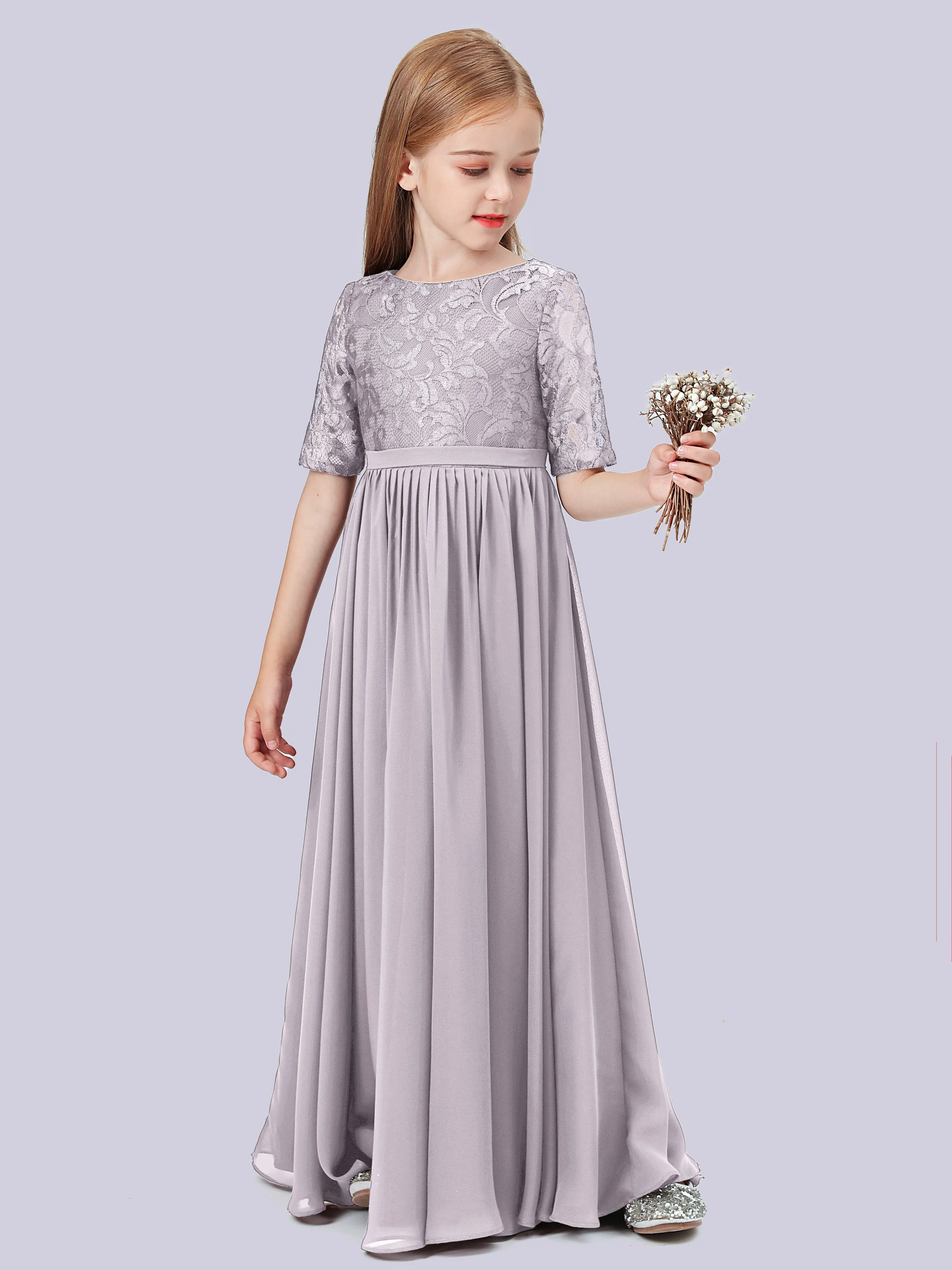 Half Sleeves Lace Junior Bridesmaid Dress