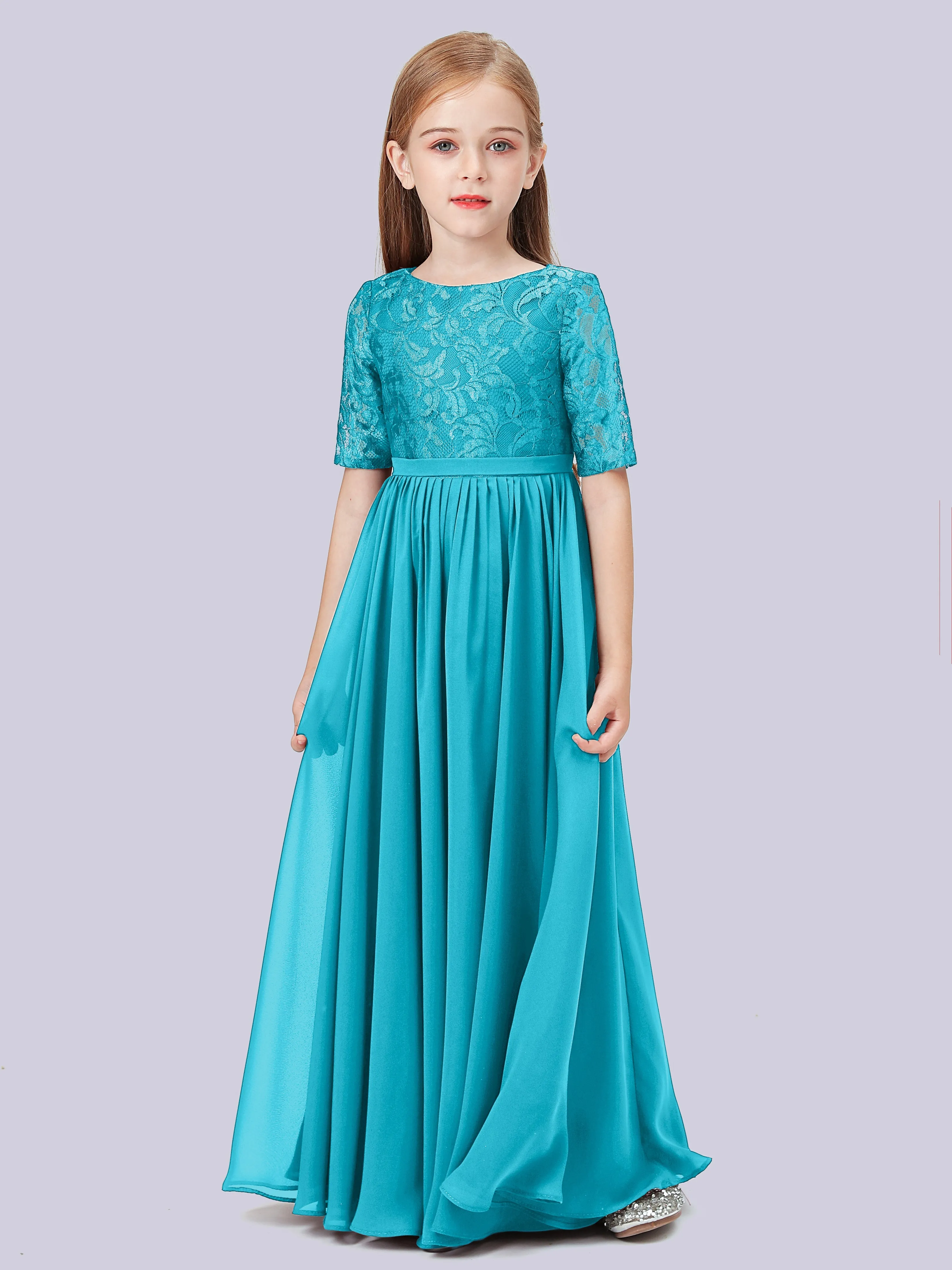 Half Sleeves Lace Junior Bridesmaid Dress