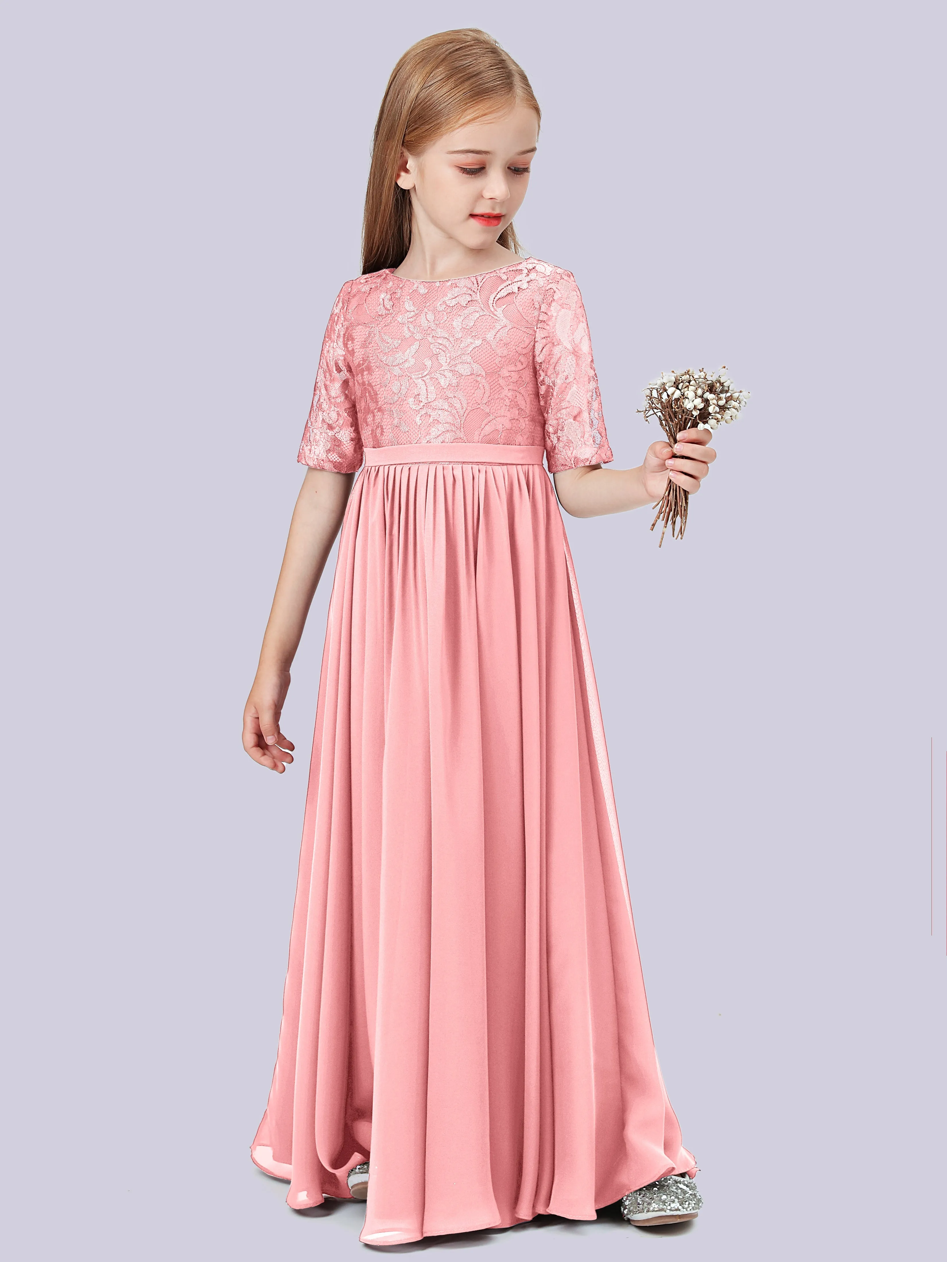 Half Sleeves Lace Junior Bridesmaid Dress