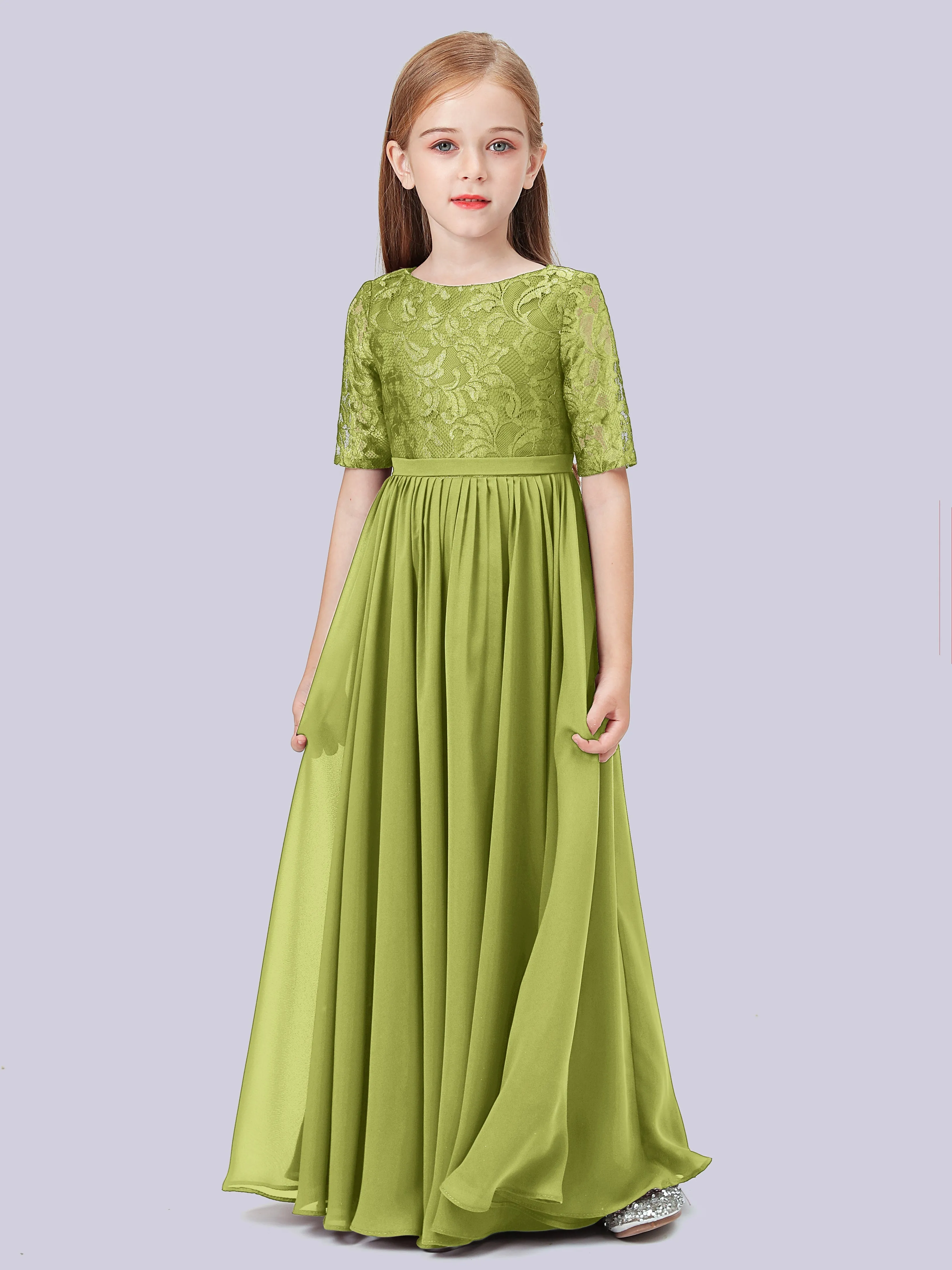 Half Sleeves Lace Junior Bridesmaid Dress