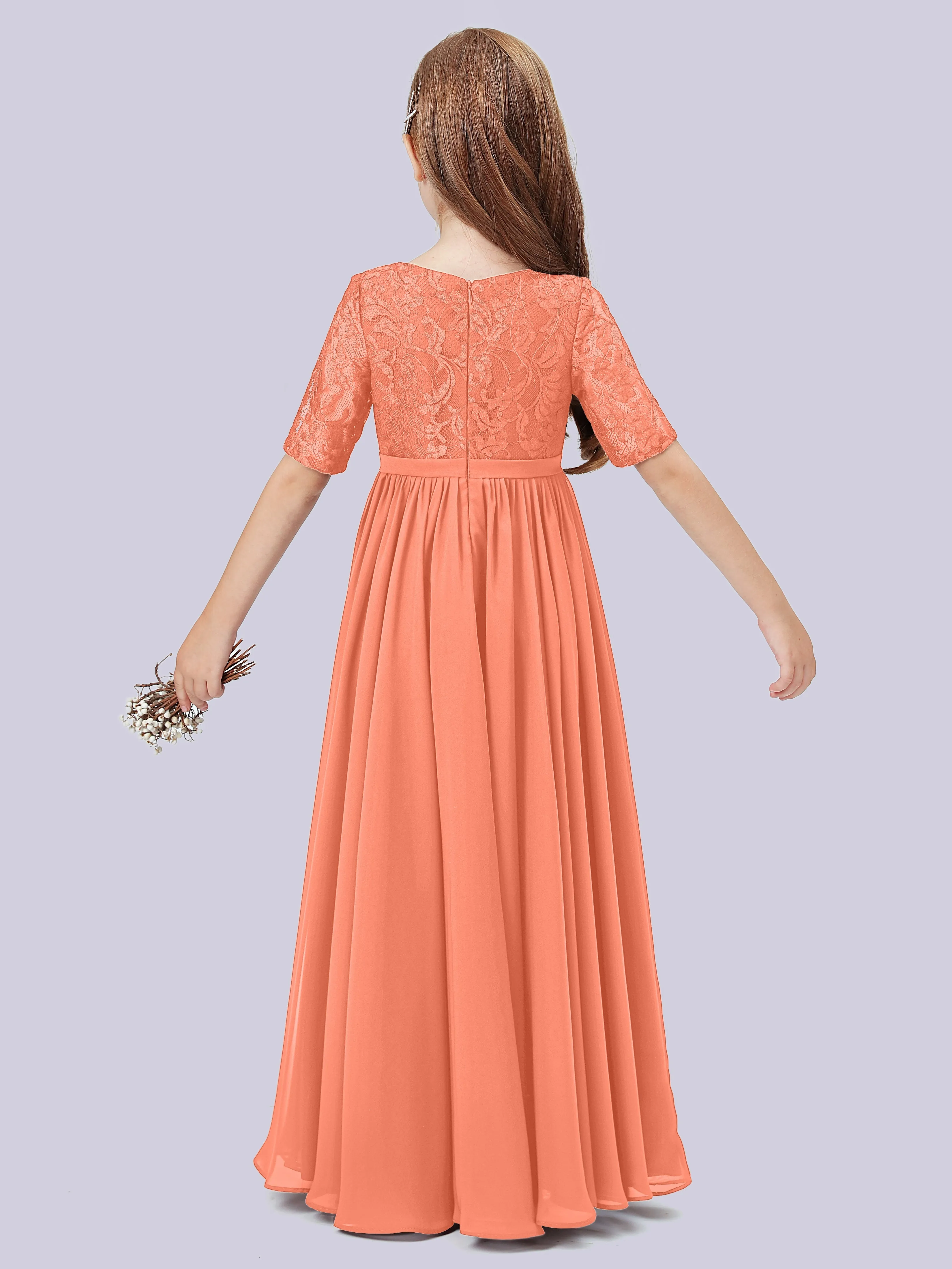 Half Sleeves Lace Junior Bridesmaid Dress