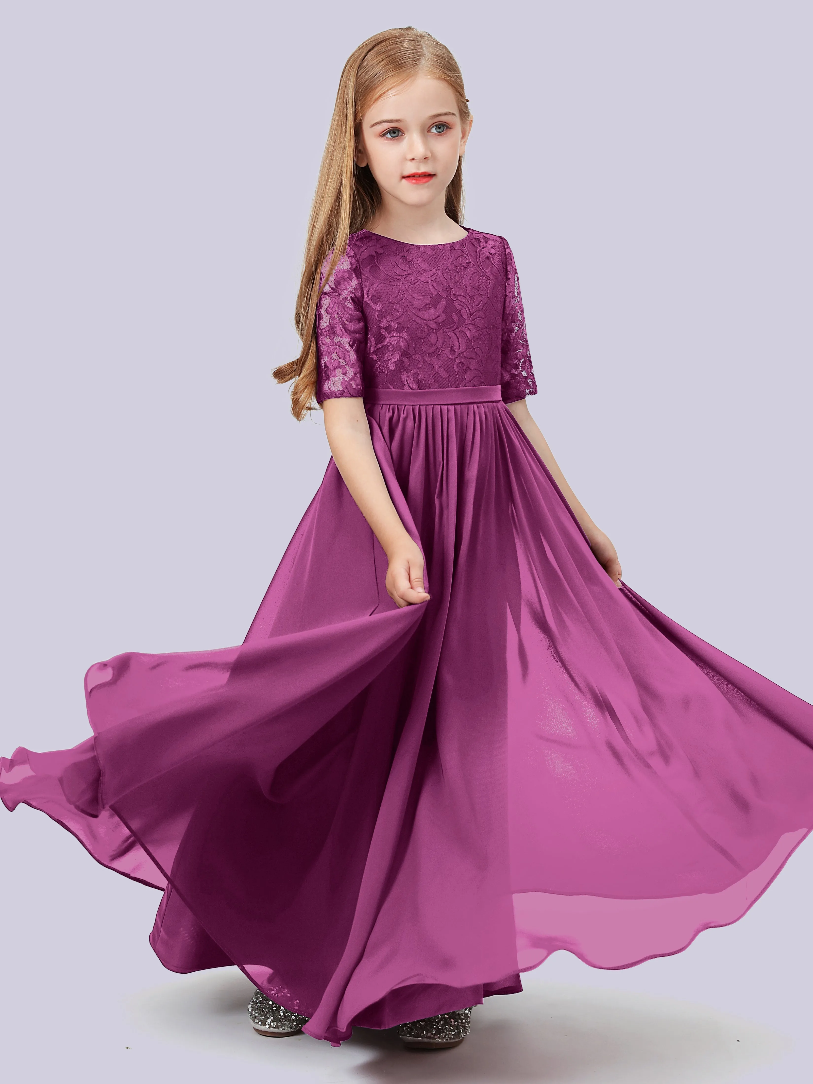 Half Sleeves Lace Junior Bridesmaid Dress