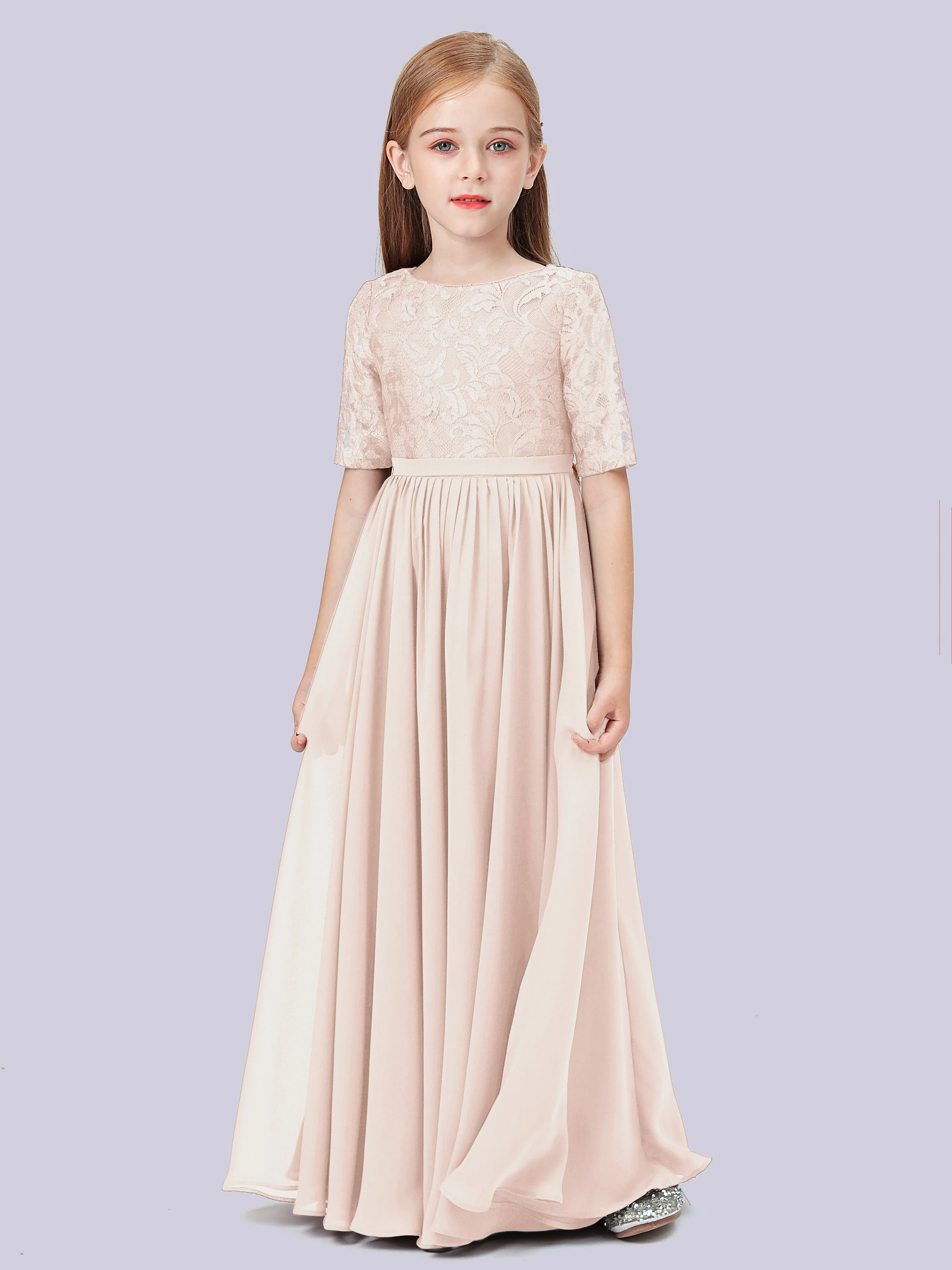 Half Sleeves Lace Junior Bridesmaid Dress