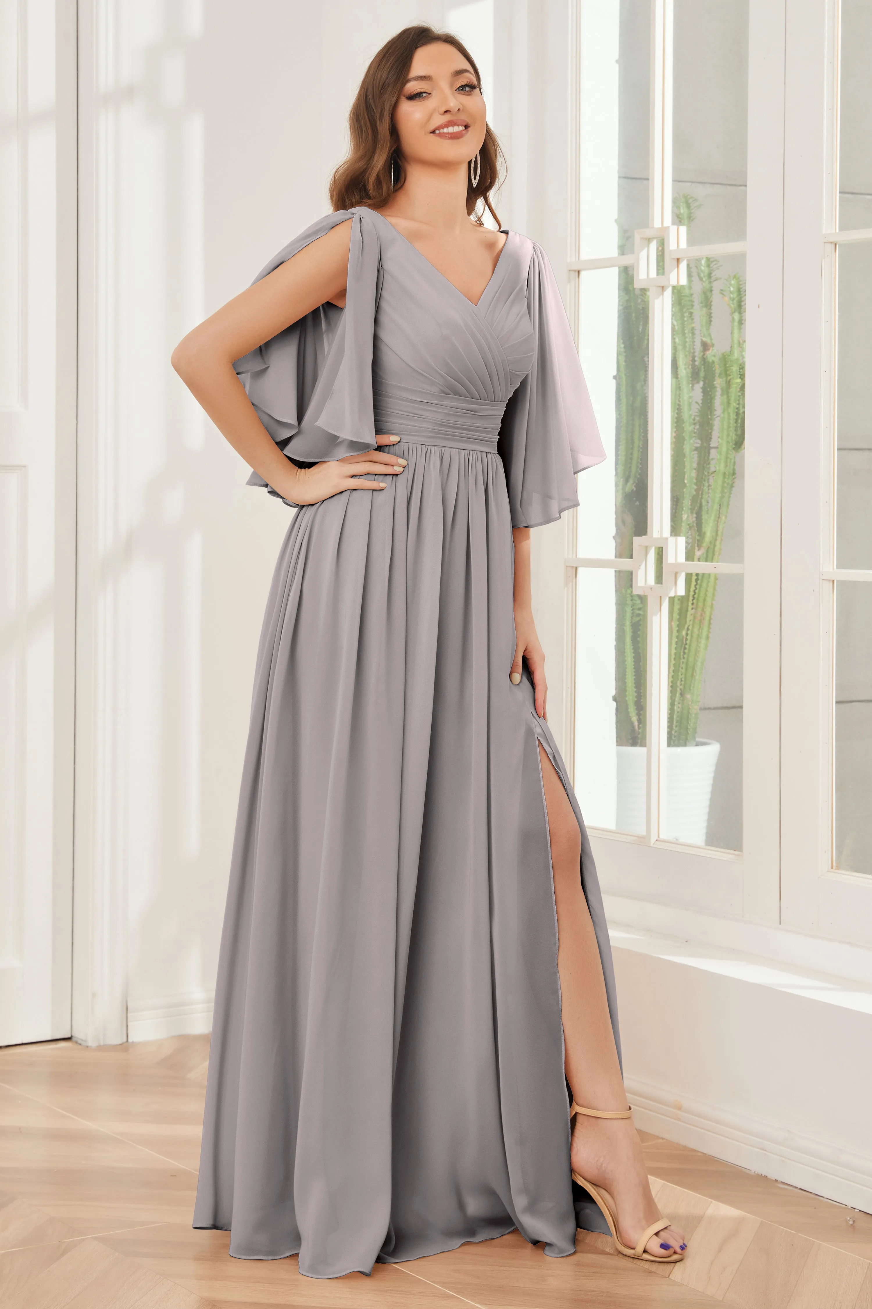 Half Sleeves Lace-up Back Bridesmaid Dresses with Slit