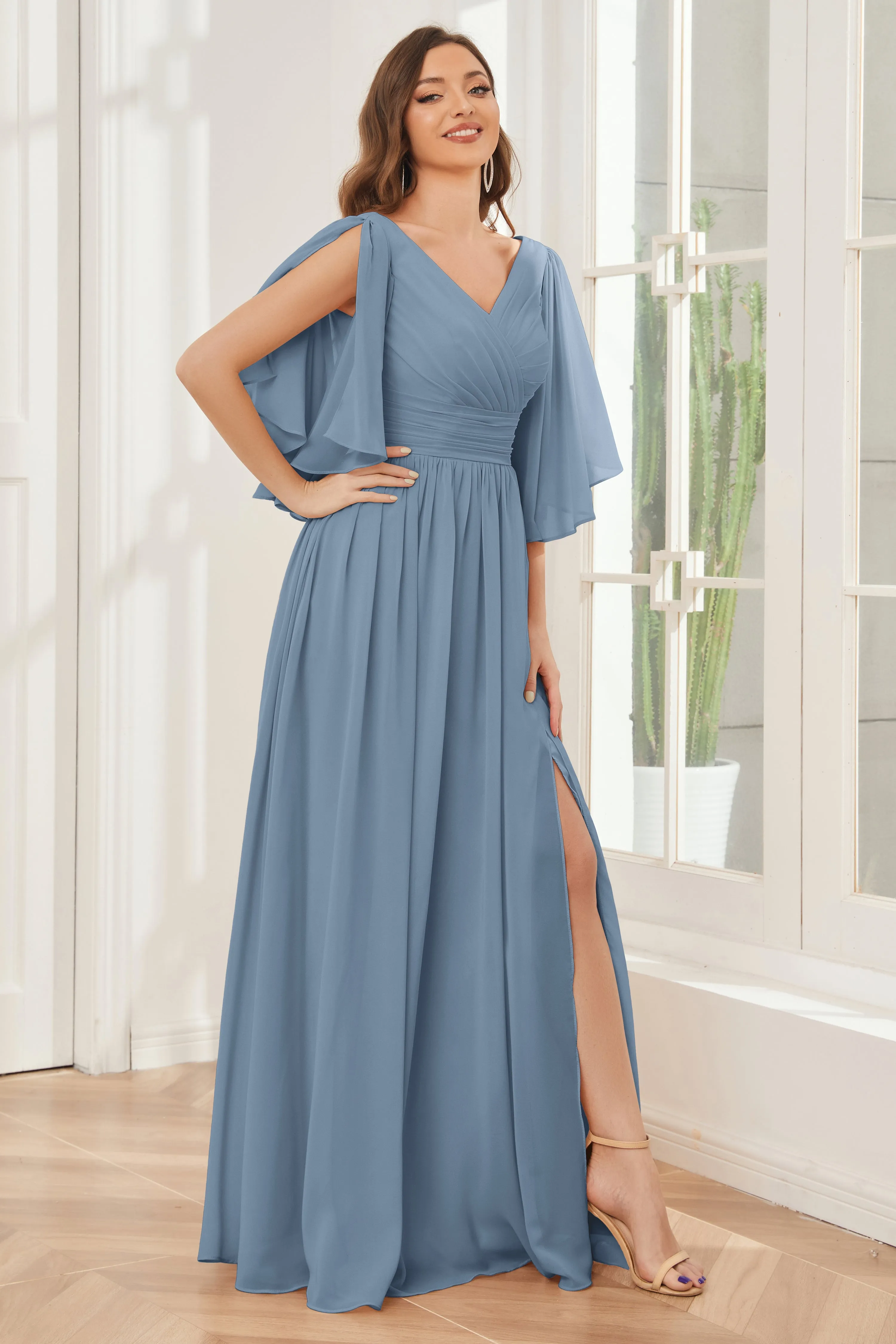 Half Sleeves Lace-up Back Bridesmaid Dresses with Slit