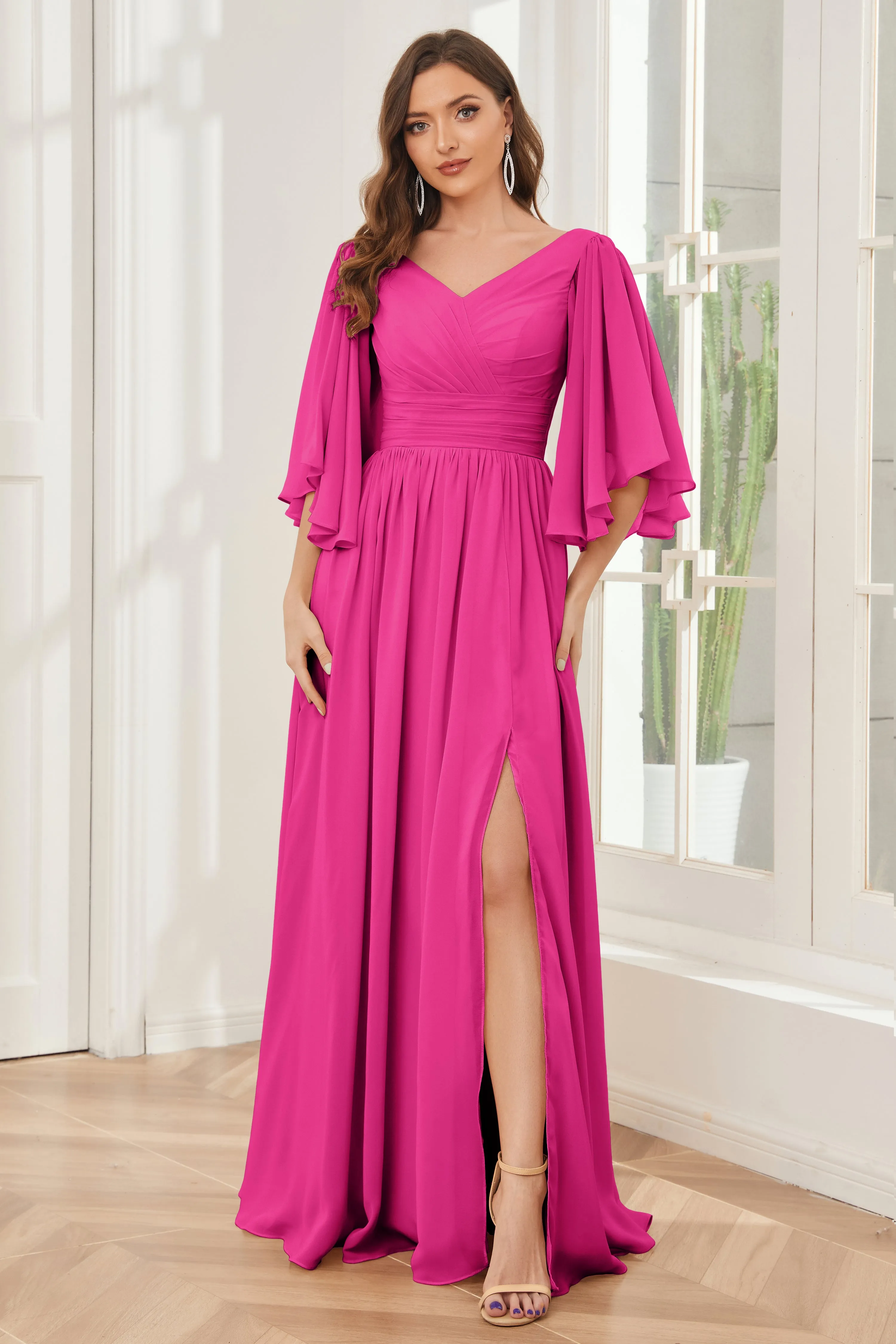 Half Sleeves Lace-up Back Bridesmaid Dresses with Slit