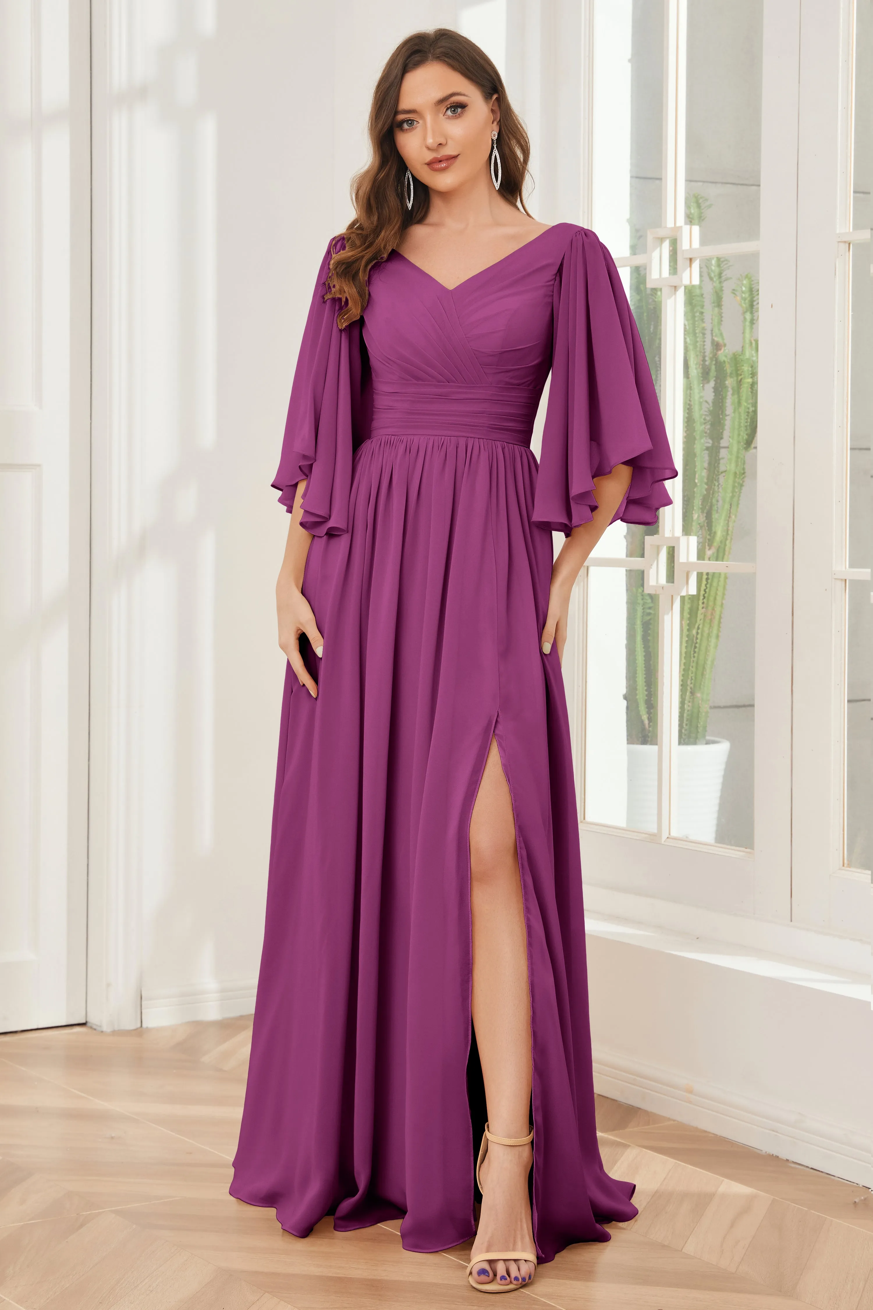 Half Sleeves Lace-up Back Bridesmaid Dresses with Slit