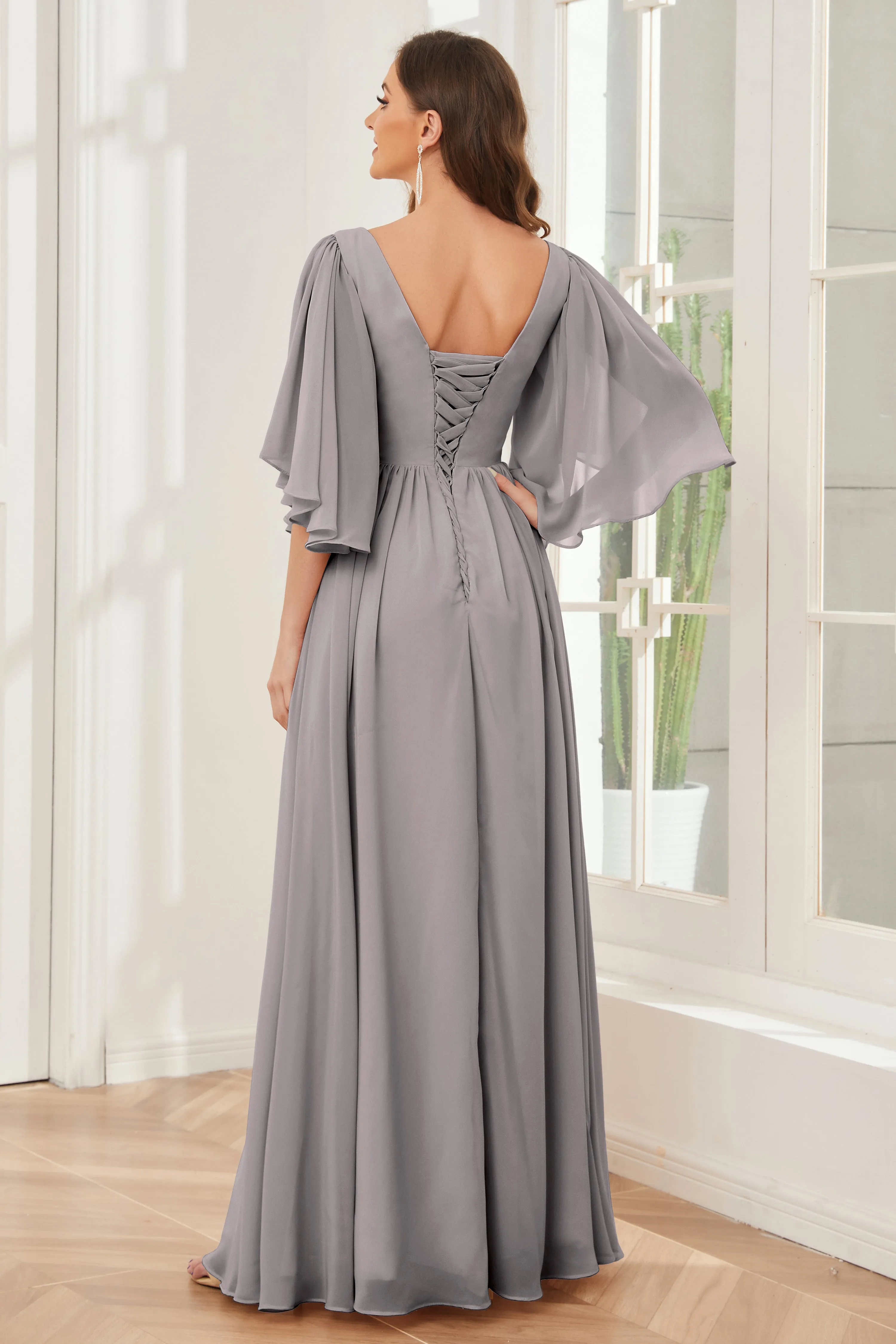 Half Sleeves Lace-up Back Bridesmaid Dresses with Slit