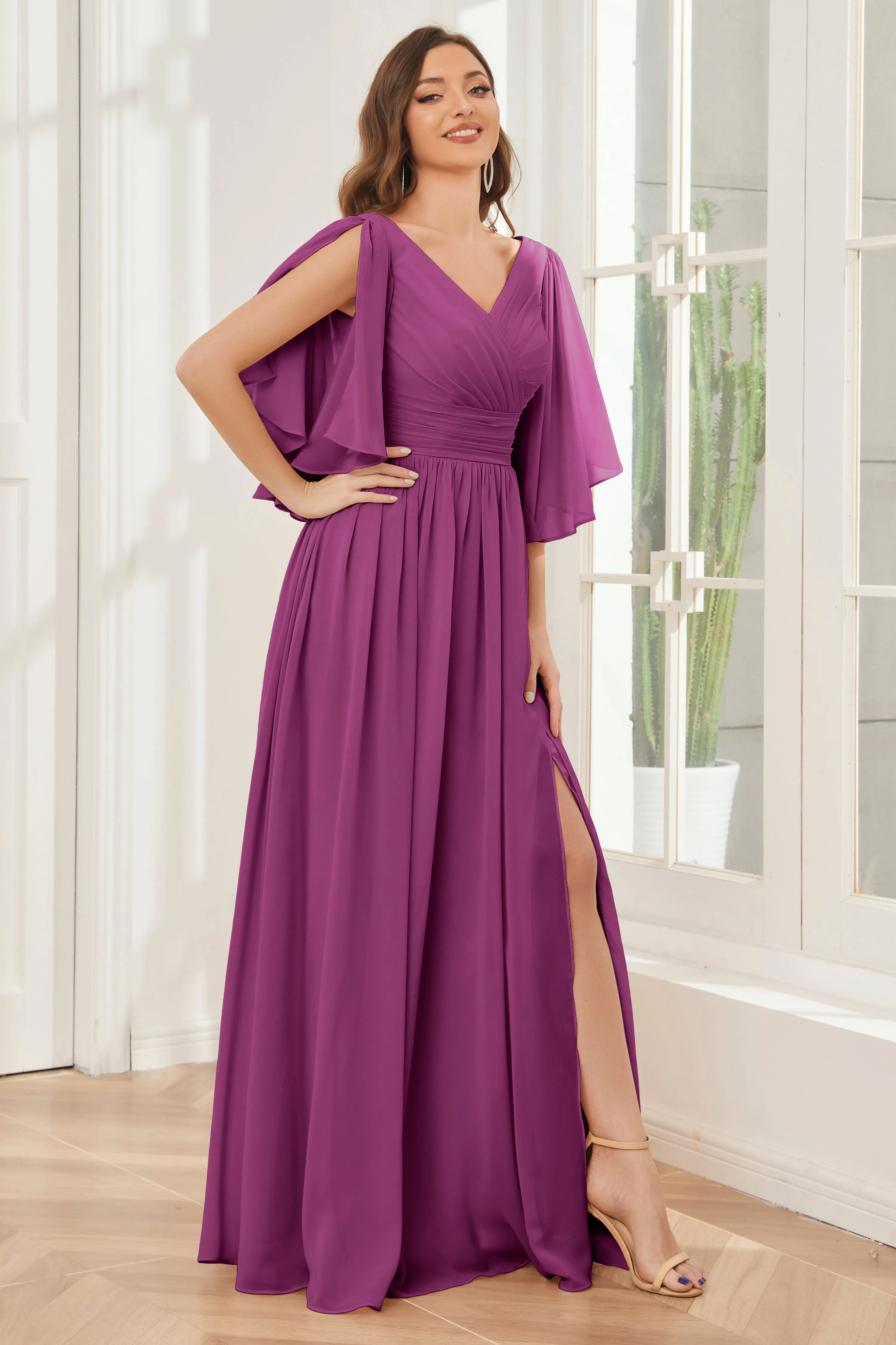 Half Sleeves Lace-up Back Bridesmaid Dresses with Slit