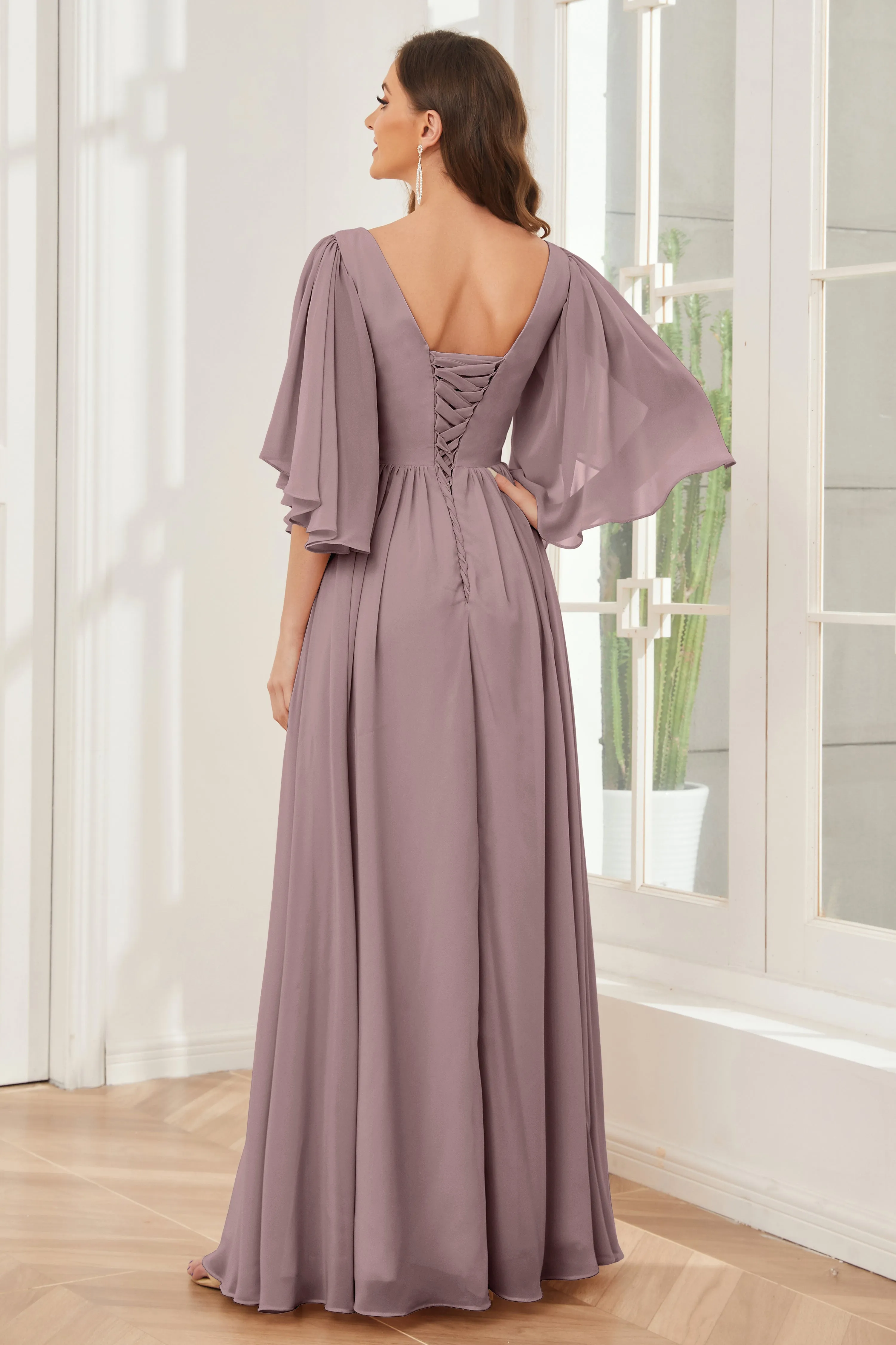 Half Sleeves Lace-up Back Bridesmaid Dresses with Slit