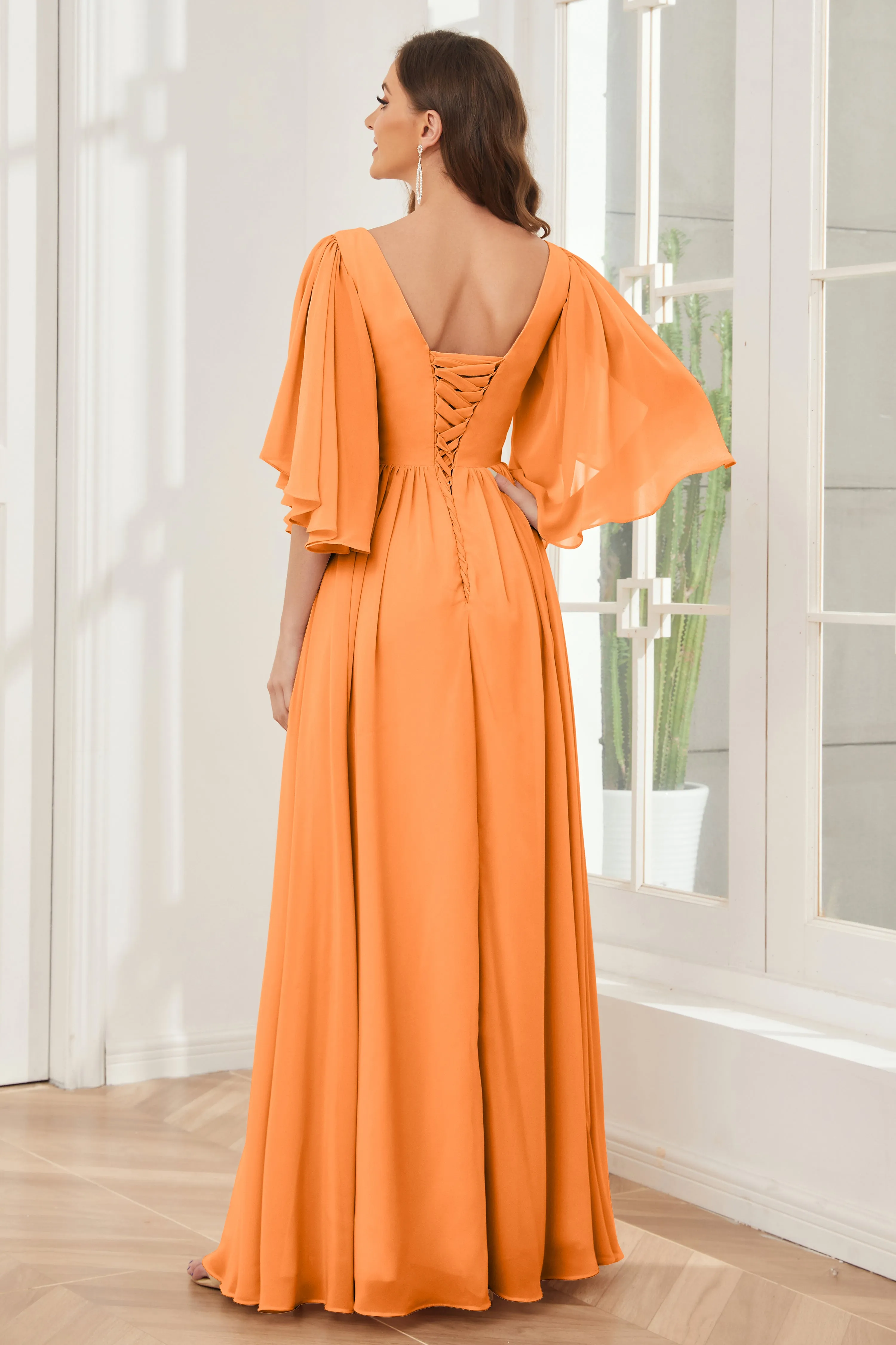 Half Sleeves Lace-up Back Bridesmaid Dresses with Slit