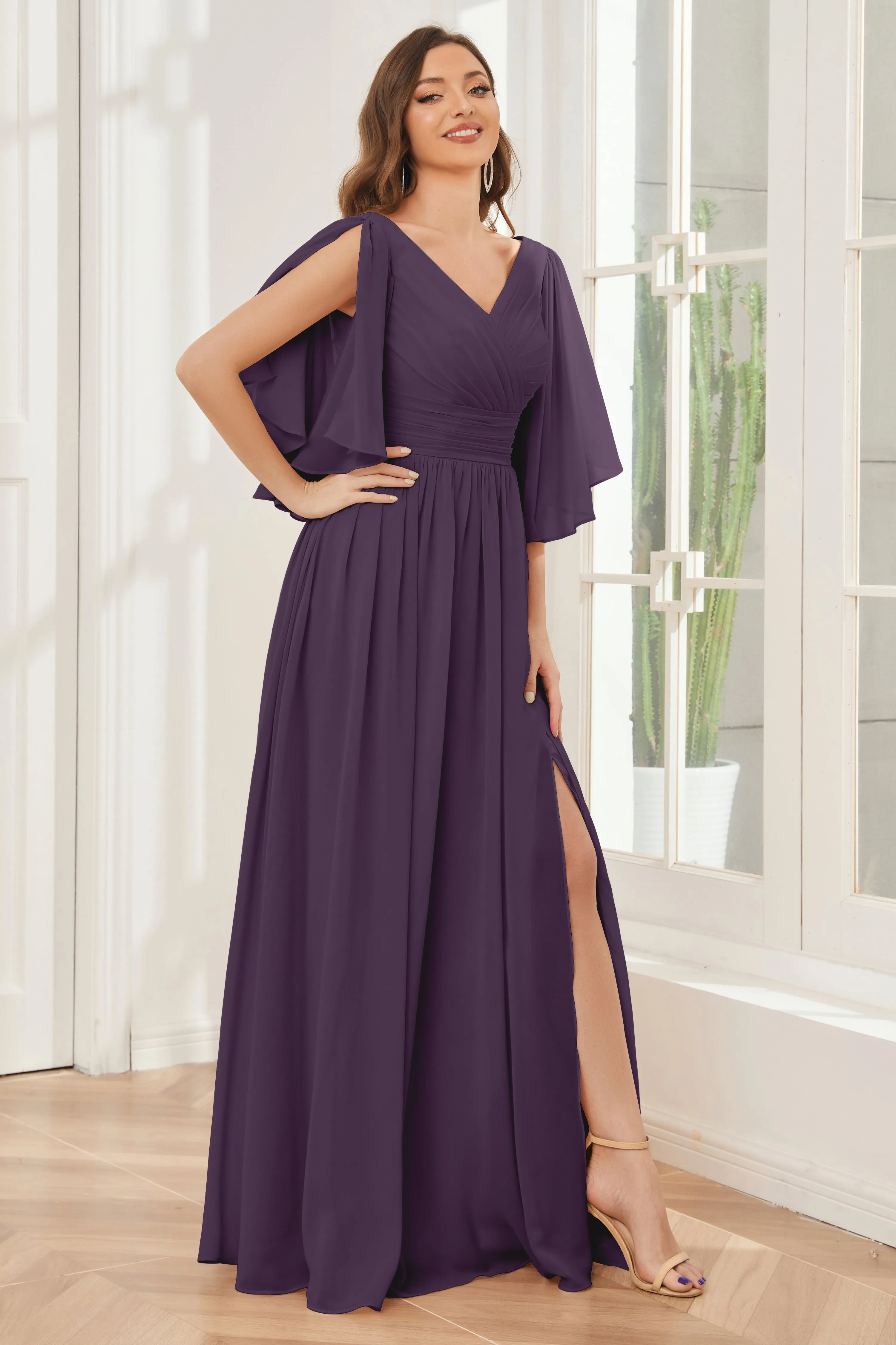 Half Sleeves Lace-up Back Bridesmaid Dresses with Slit