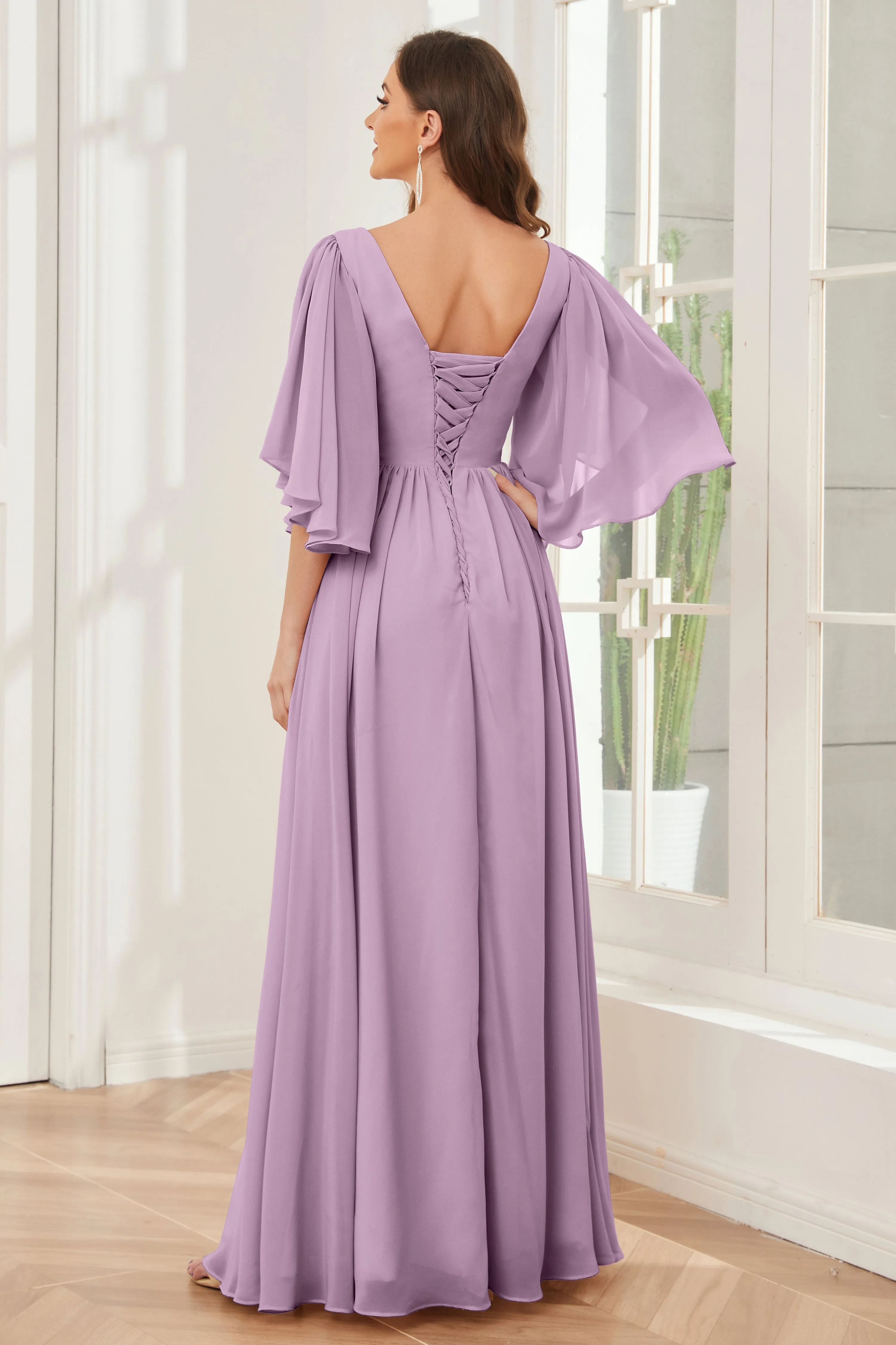 Half Sleeves Lace-up Back Bridesmaid Dresses with Slit