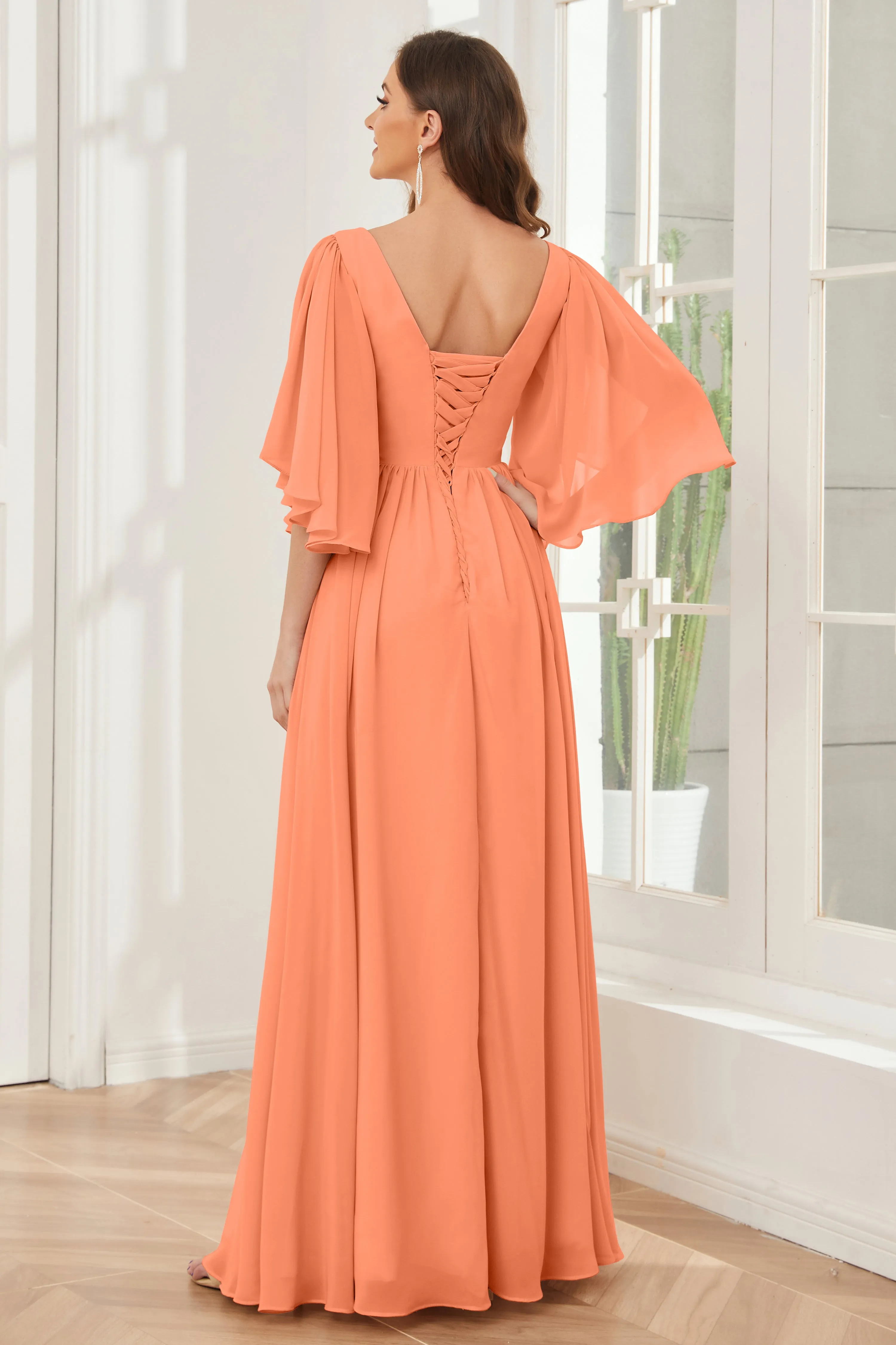 Half Sleeves Lace-up Back Bridesmaid Dresses with Slit