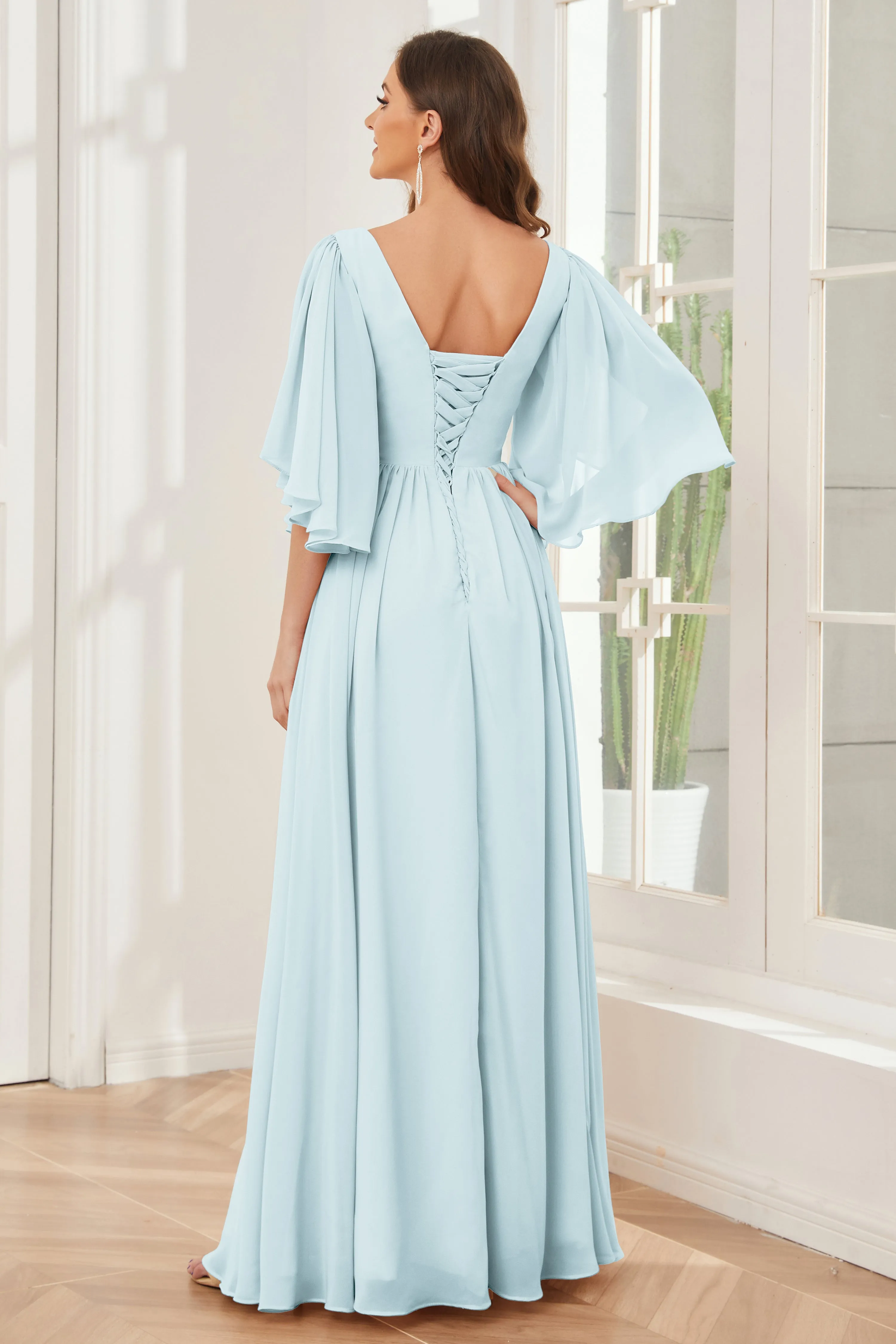 Half Sleeves Lace-up Back Bridesmaid Dresses with Slit