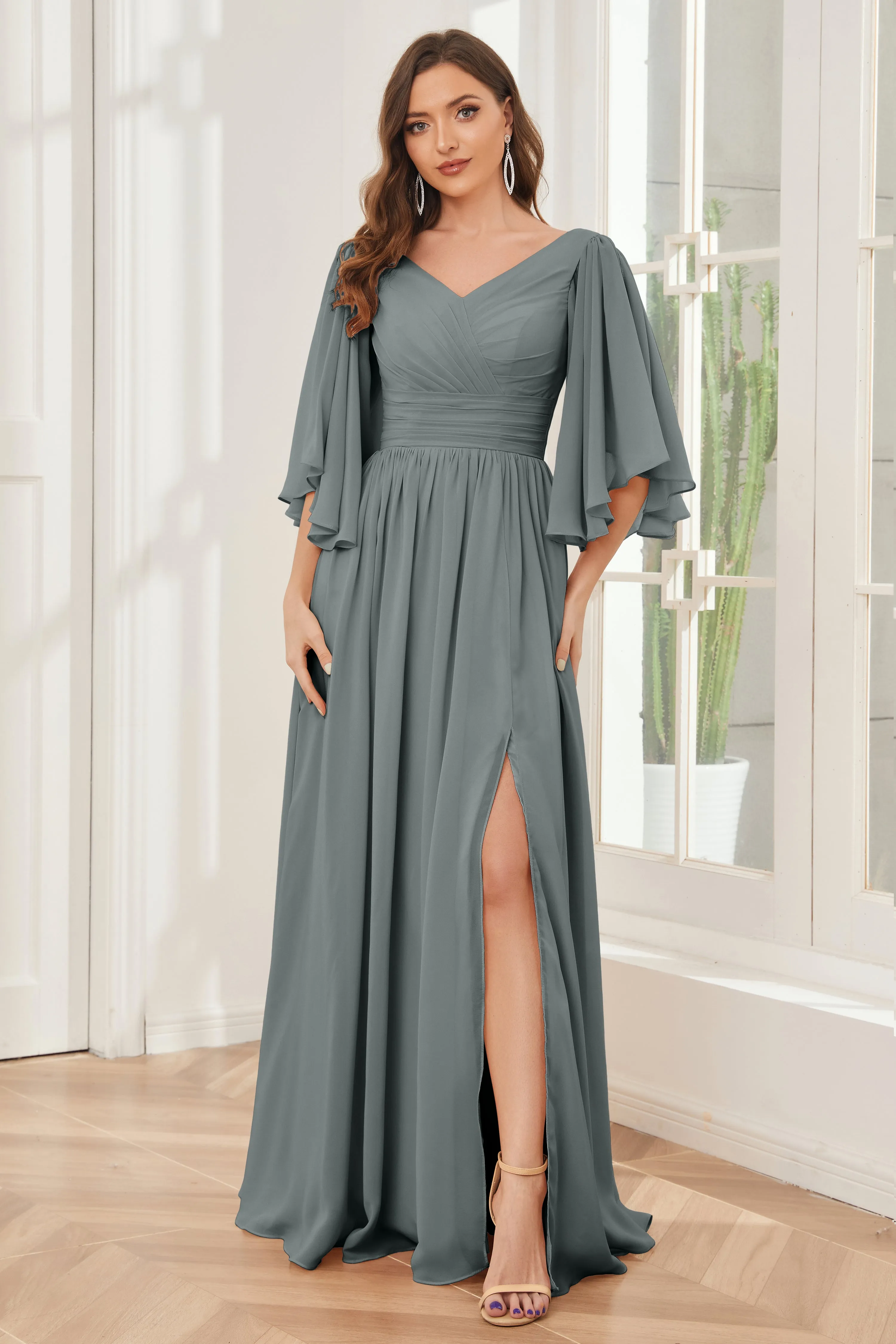 Half Sleeves Lace-up Back Bridesmaid Dresses with Slit